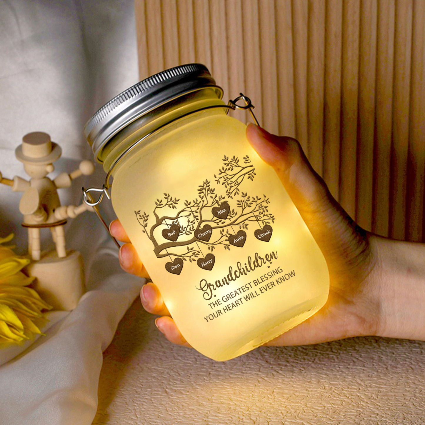 Personalized Family Tree Luminous Wishing Bottle Custom "Grandchildren" Mason Jar Light for Family | Jessmade