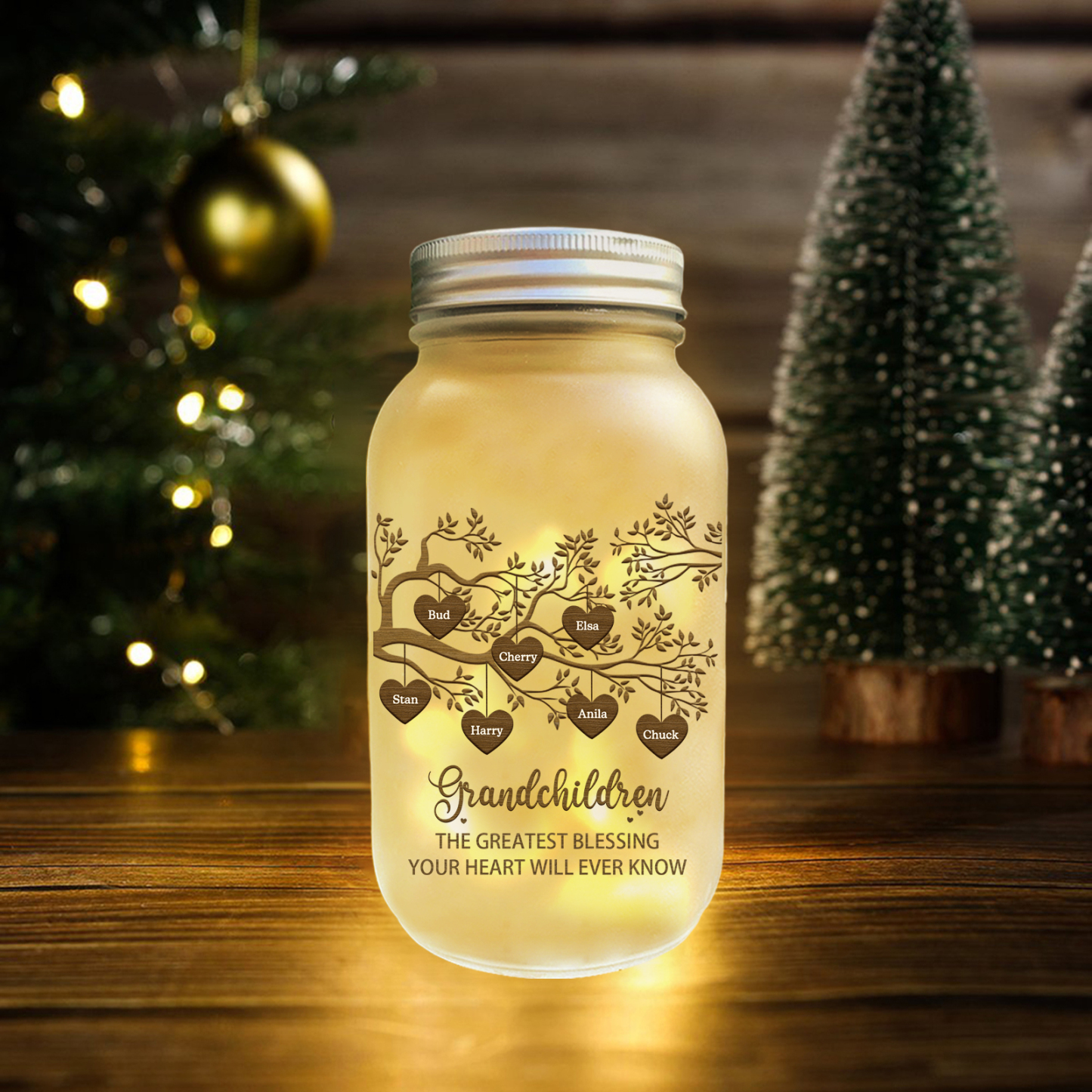 Personalized Family Tree Luminous Wishing Bottle Custom "Grandchildren" Mason Jar Light for Family | Jessmade