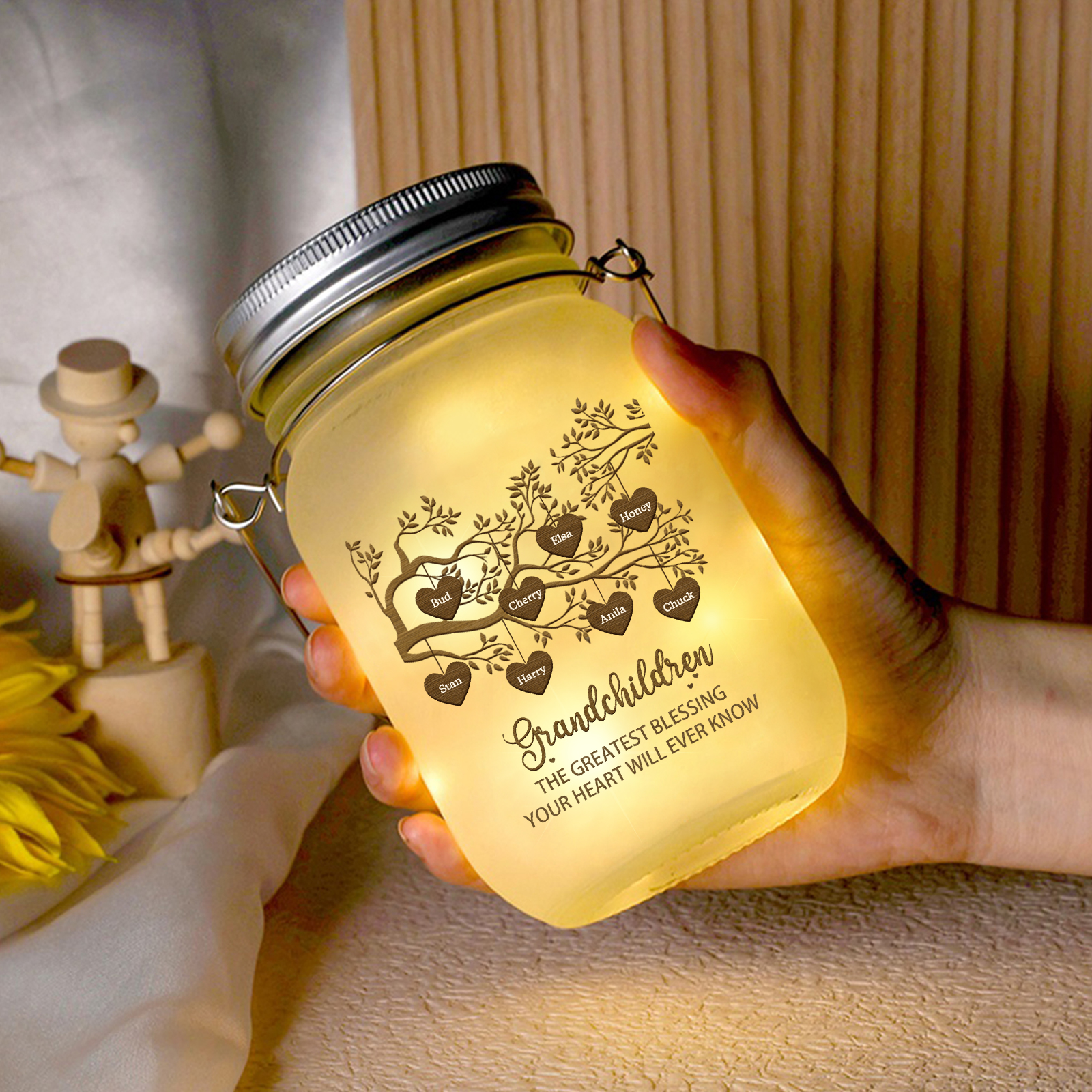Personalized Family Tree Luminous Wishing Bottle Custom "Grandchildren" Mason Jar Light for Family | Jessmade