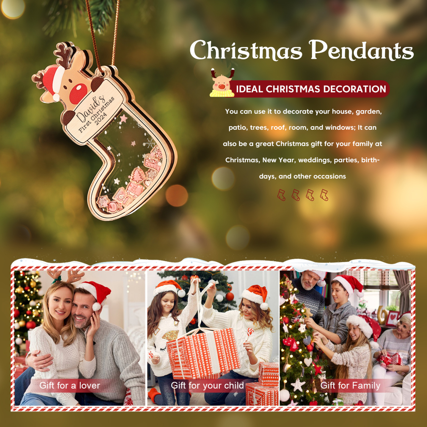 Personalised Reindeer Baby's First Christmas Stocking Shaker Ornament with Custom 6 Texts & 1 Year Christmas Gift for Baby | Jessemade