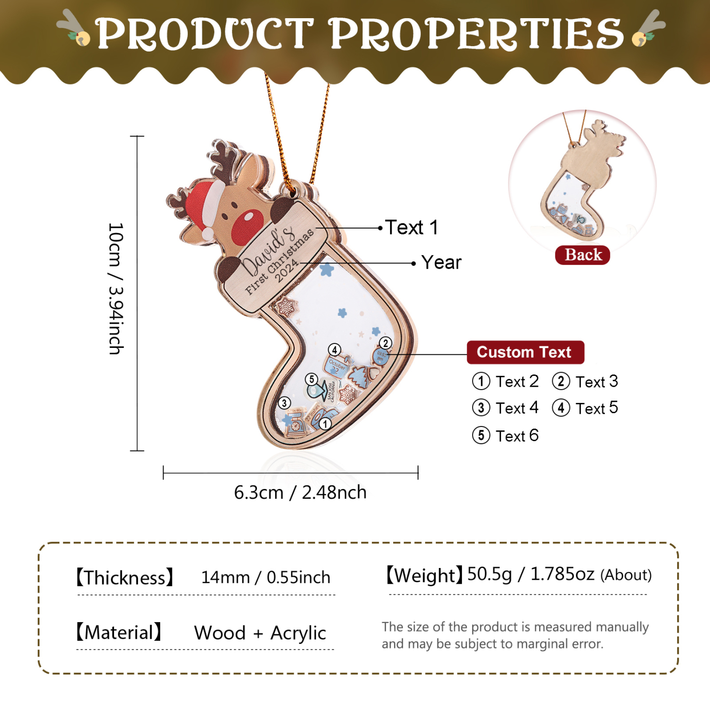 Personalised Reindeer Baby's First Christmas Stocking Shaker Ornament with Custom 6 Texts & 1 Year Christmas Gift for Baby | Jessemade