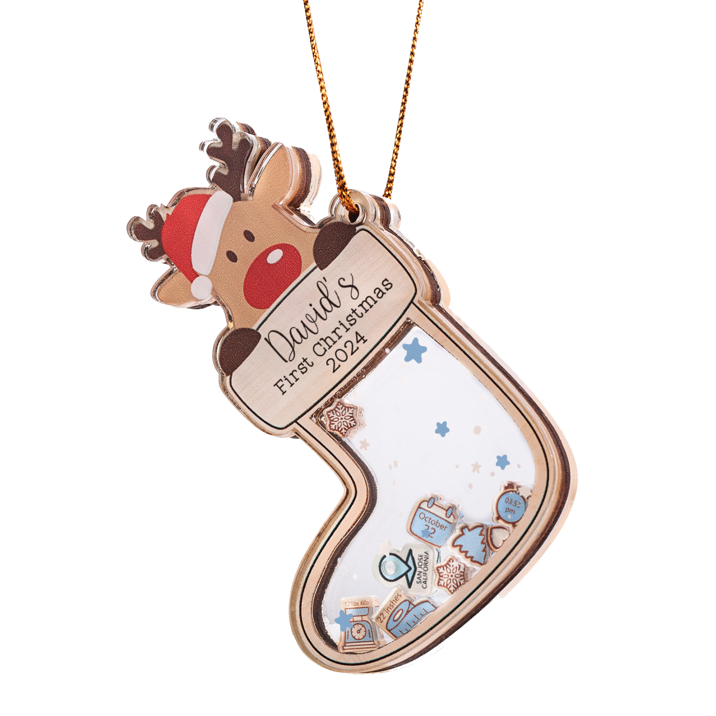 Personalised Reindeer Baby's First Christmas Stocking Shaker Ornament with Custom 6 Texts & 1 Year Christmas Gift for Baby | Jessemade
