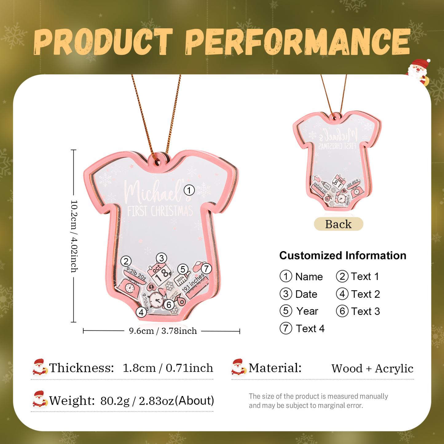 Personalised Baby's First Christmas Ornament - Custom 4 texts & 1 Name & 1 Date & 1 Year Keepsake | Jessemade