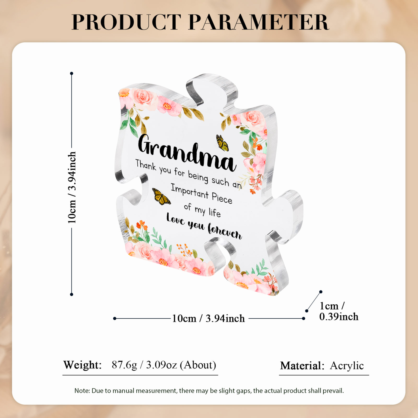 Personalized Acrylic Puzzle Piece Plaque with Custom 2 Text - Floral Design for Grandma | Jessmade