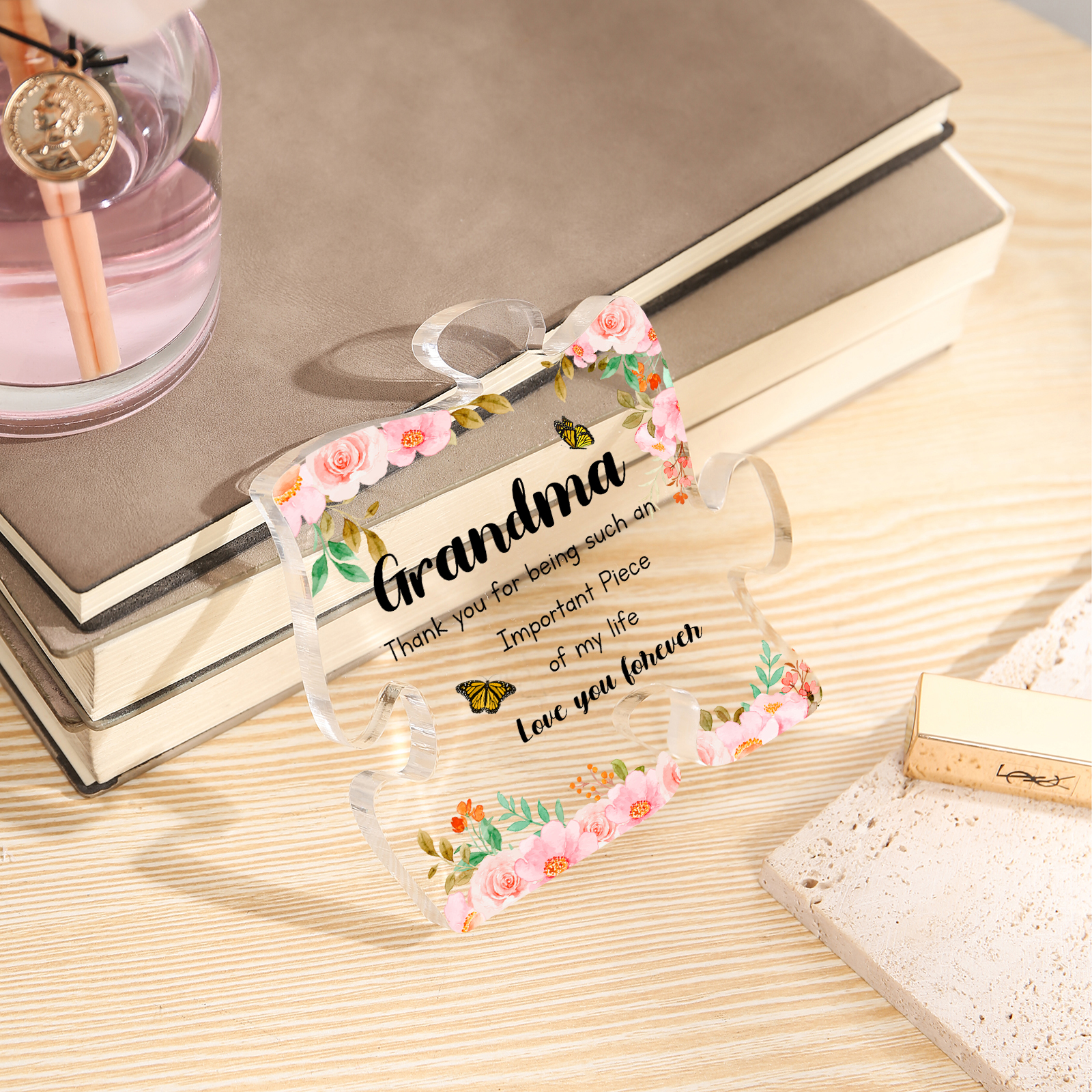 Personalized Acrylic Puzzle Piece Plaque with Custom 2 Text - Floral Design for Grandma | Jessmade
