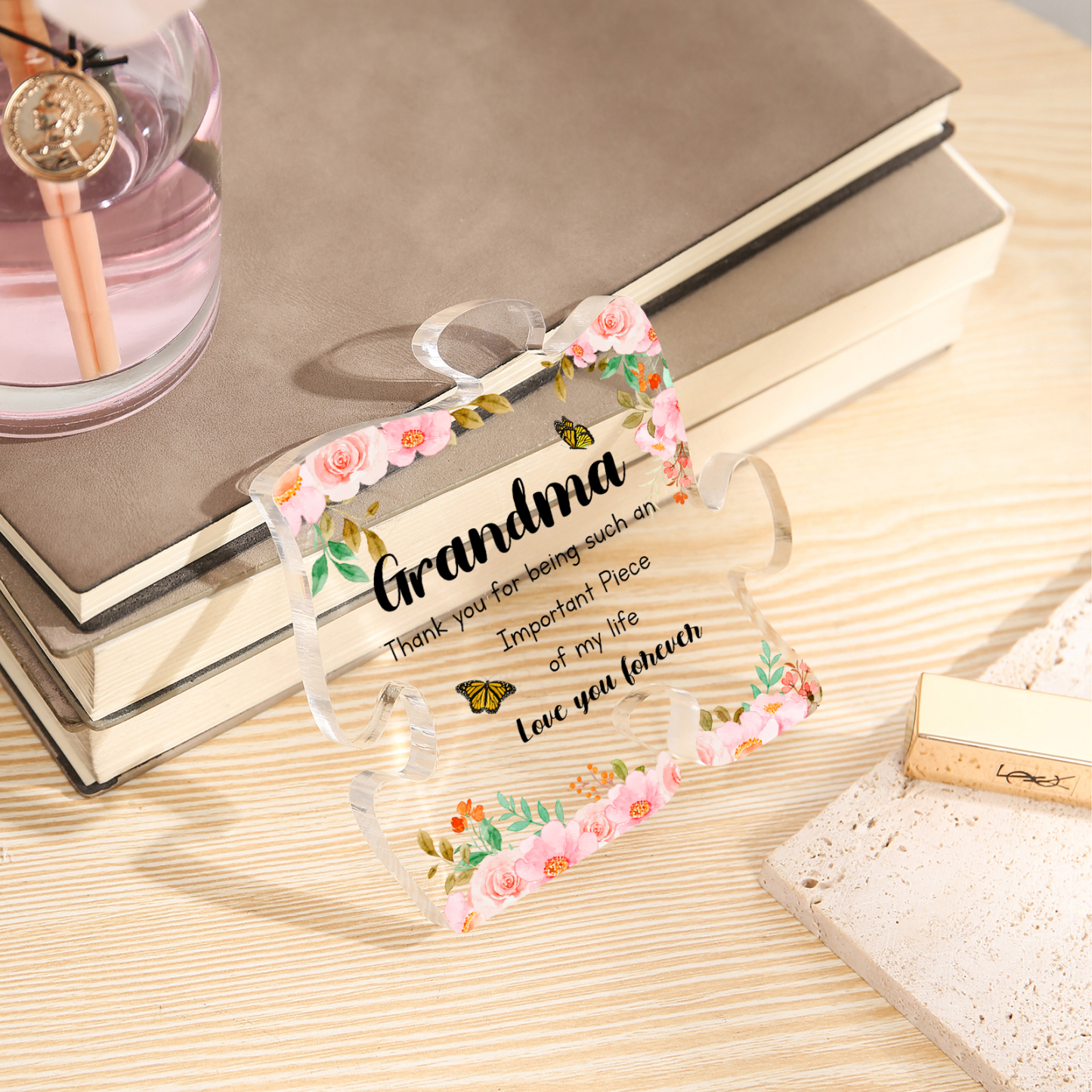 Personalized Acrylic Puzzle Piece Plaque with Custom 2 Text - Floral Design for Grandma | Jessmade
