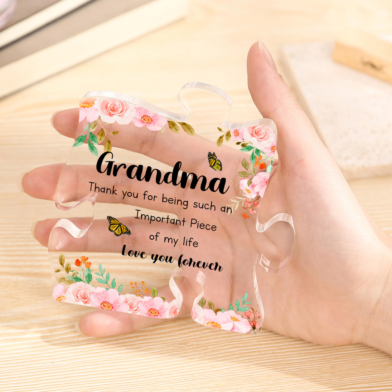 Personalized Acrylic Puzzle Piece Plaque with Custom 2 Text - Floral Design for Grandma | Jessmade