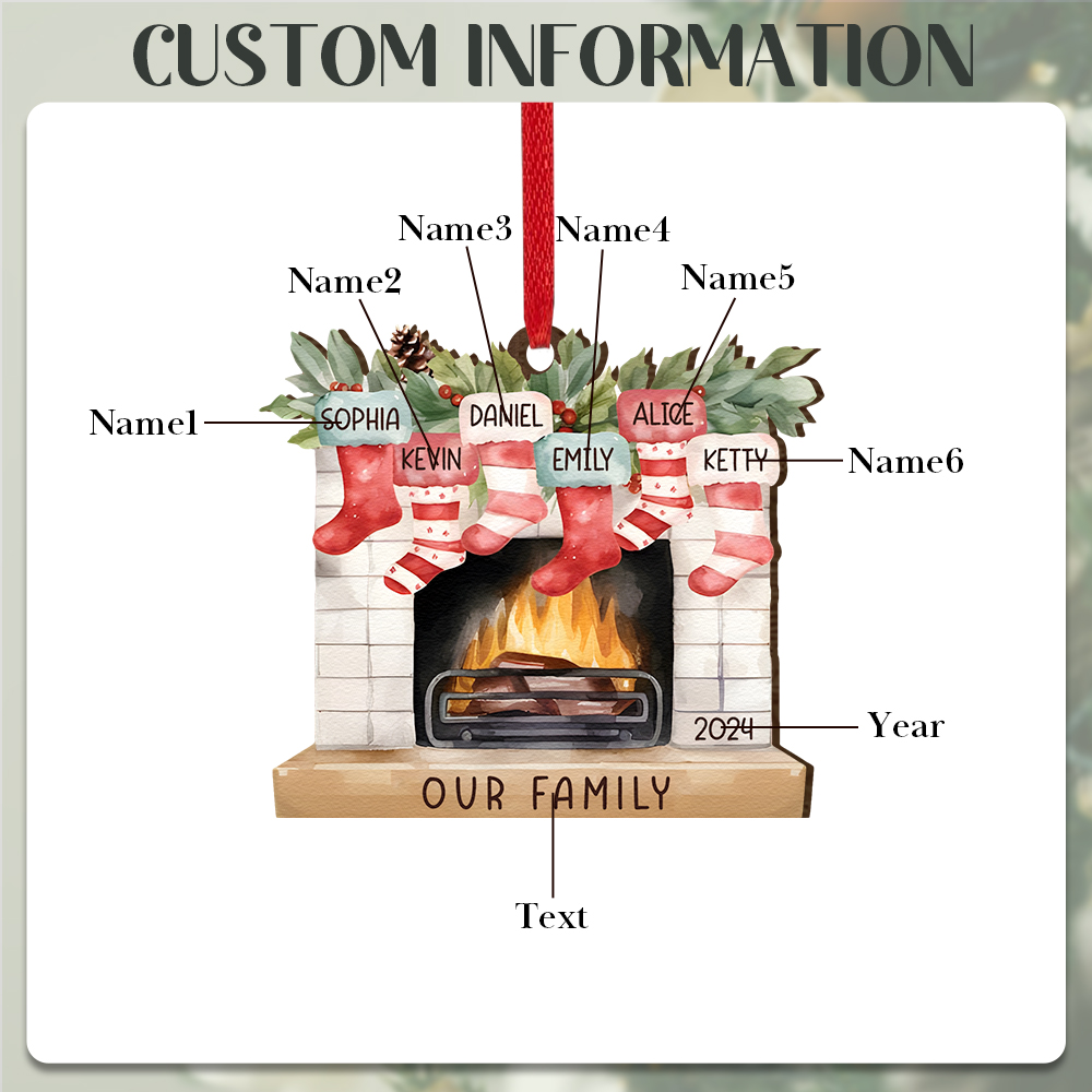 Personalized Family Christmas Hanging Ornament - Custom 2-8 Names & 1 Year & 1 Text Fireplace Decoration for Family | Jessmade