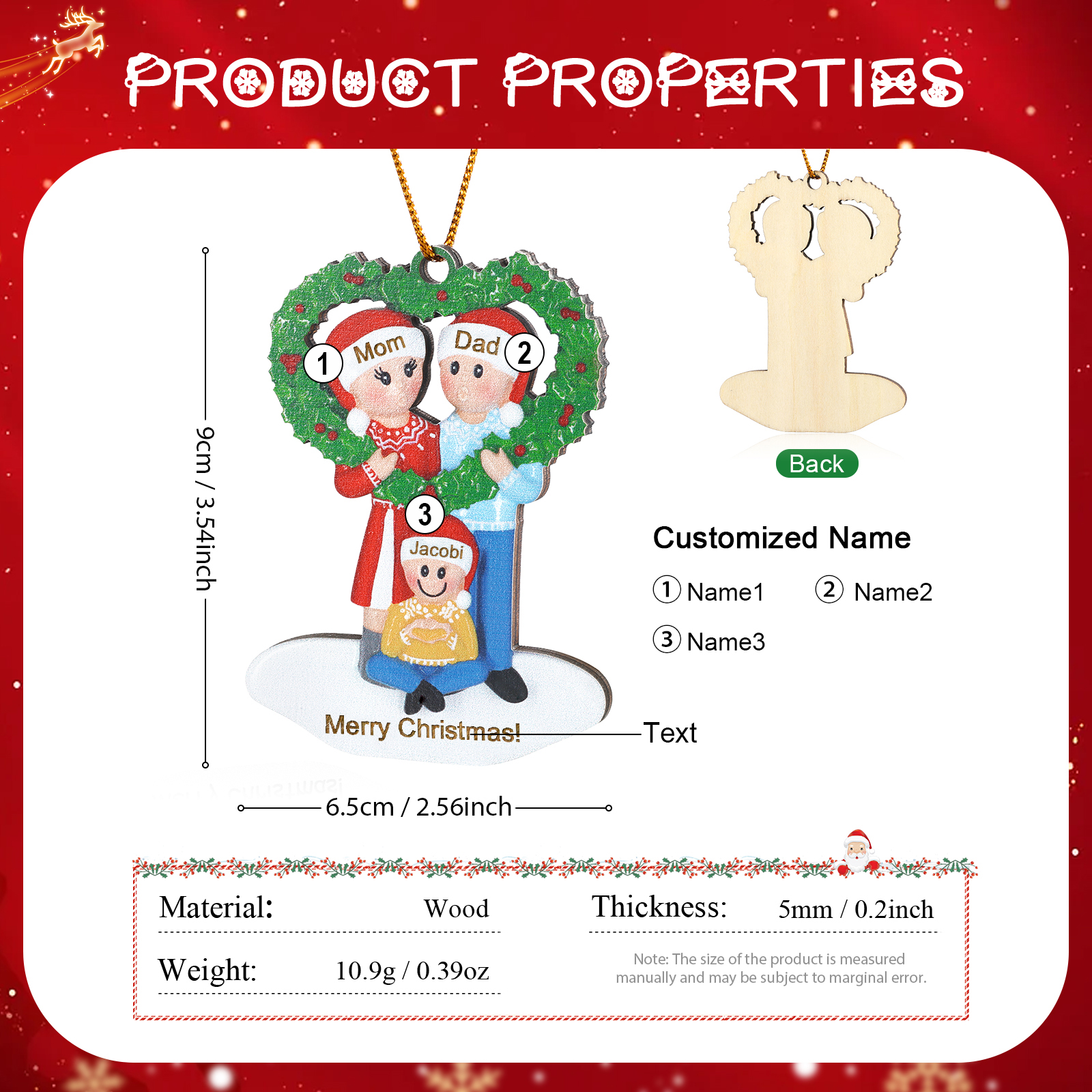 Personalized Wooden heart Wreath Family Christmas Ornament with Custom 3-5 Names & 1 Text Christmas Gift for Family | Jessemade