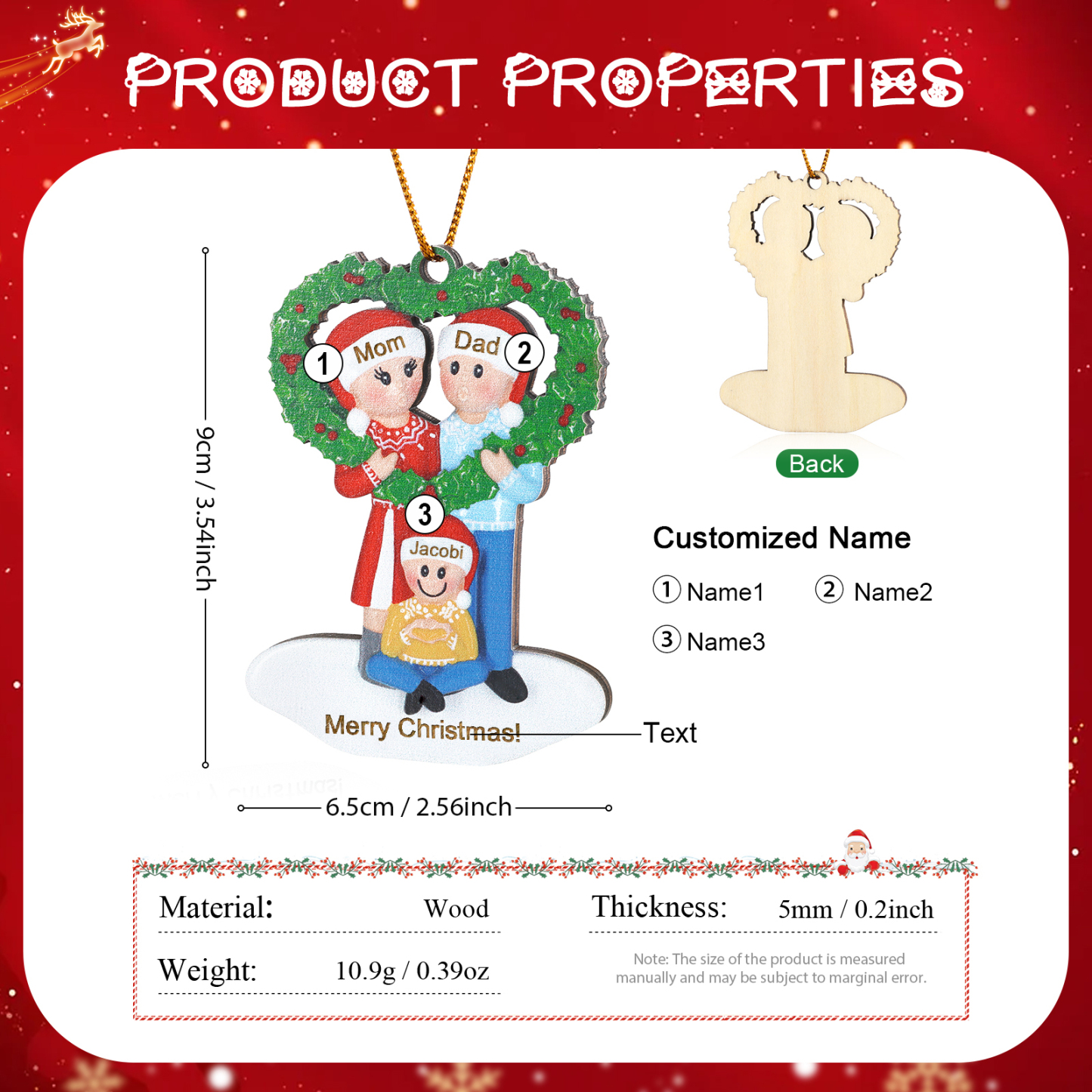 Personalized Wooden heart Wreath Family Christmas Ornament with Custom 3-5 Names & 1 Text Christmas Gift for Family | Jessemade