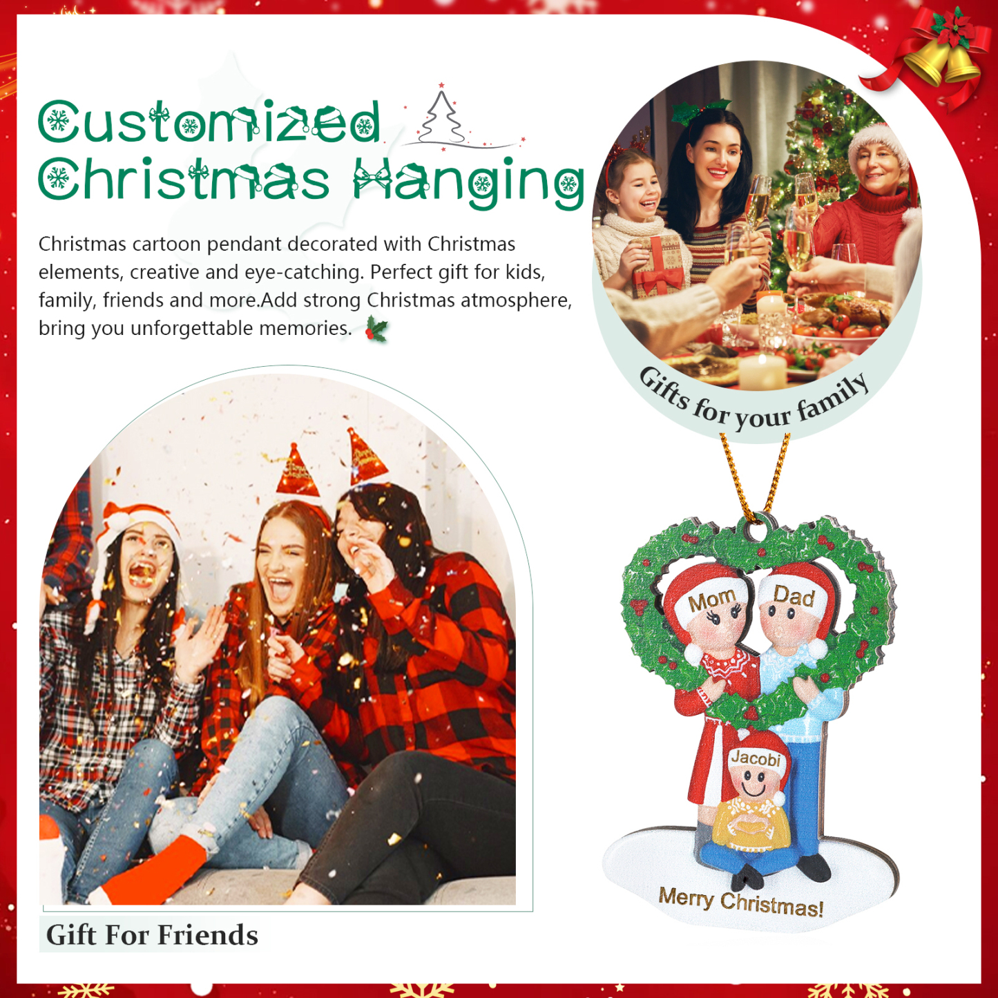 Personalized Wooden heart Wreath Family Christmas Ornament with Custom 3-5 Names & 1 Text Christmas Gift for Family | Jessemade