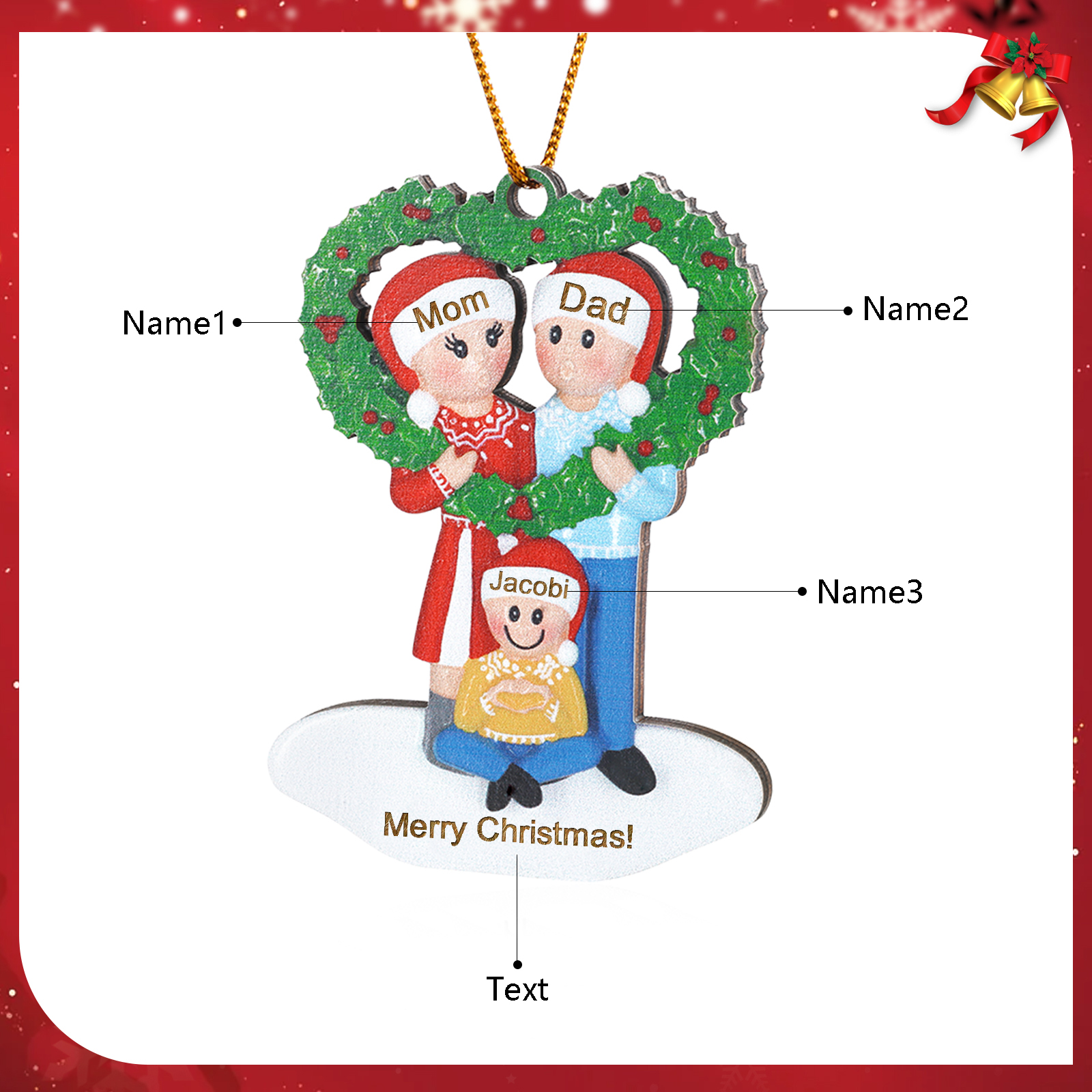 Personalized Wooden heart Wreath Family Christmas Ornament with Custom 3-5 Names & 1 Text Christmas Gift for Family | Jessemade