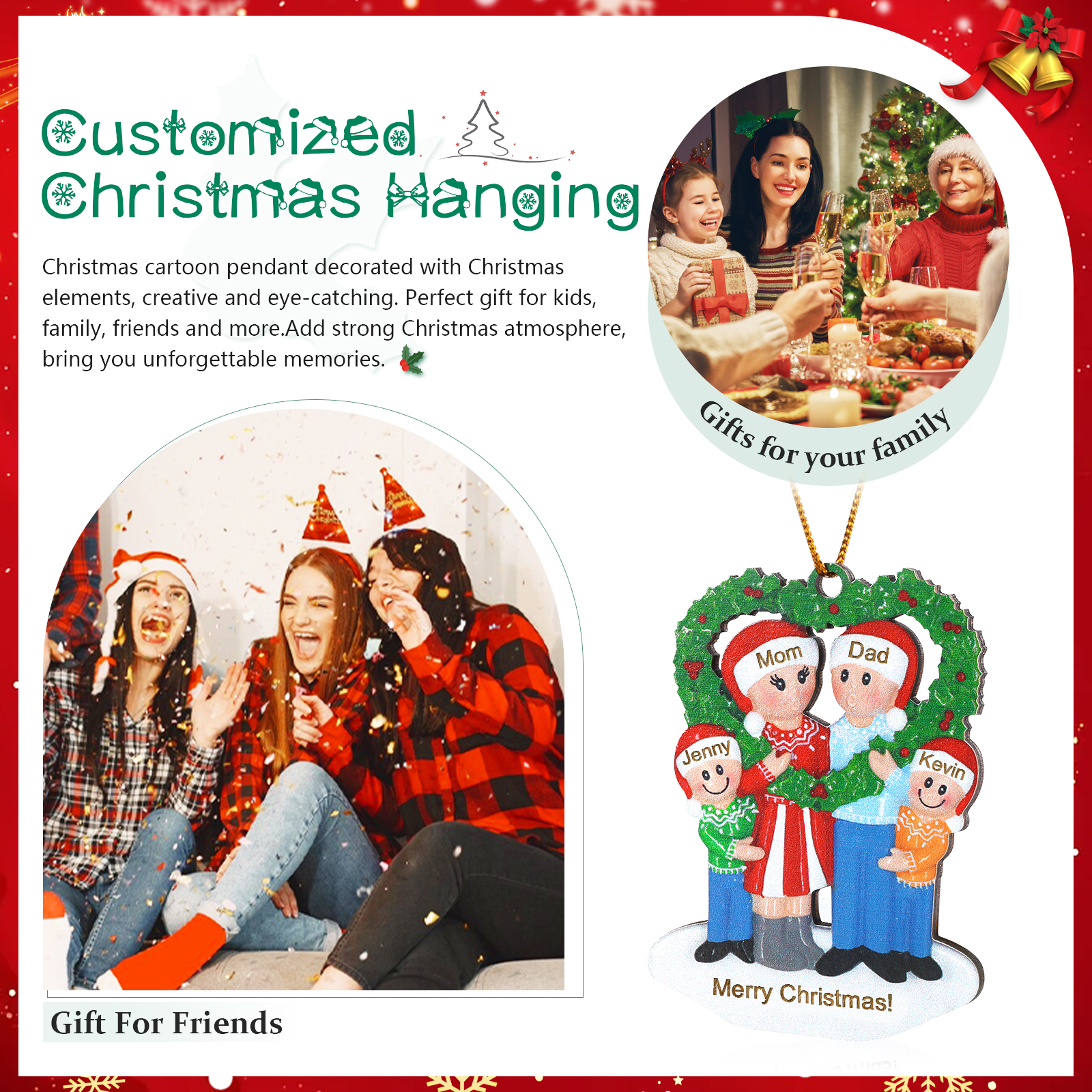 Personalized Wooden heart Wreath Family Christmas Ornament with Custom 3-5 Names & 1 Text Christmas Gift for Family | Jessemade