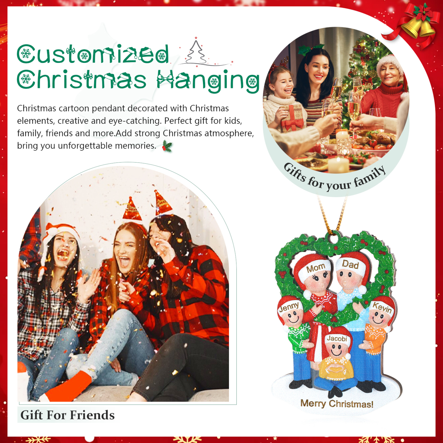 Personalized Wooden heart Wreath Family Christmas Ornament with Custom 3-5 Names & 1 Text Christmas Gift for Family | Jessemade