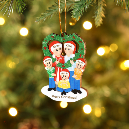 Personalized Wooden heart Wreath Family Christmas Ornament with Custom