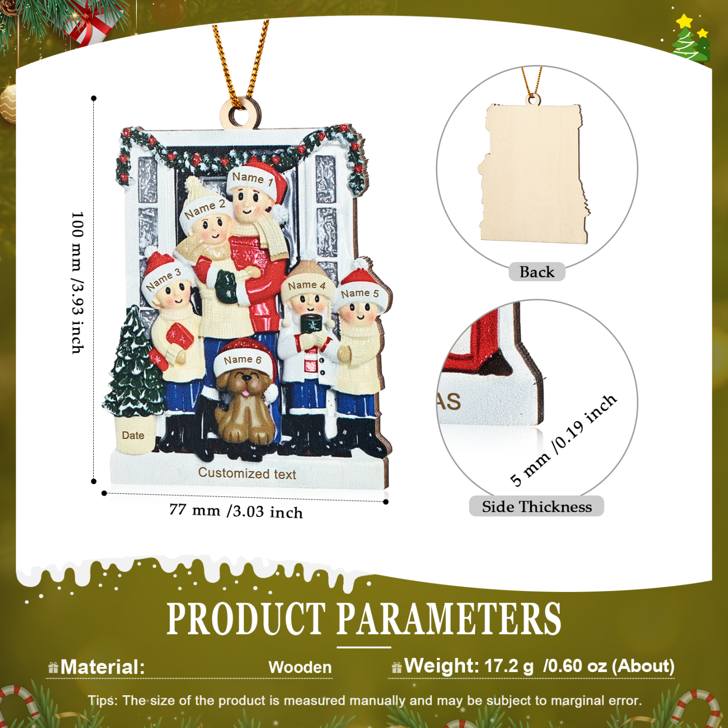 Personalized Wooden Family Christmas Ornament – Custom 2-6 Names, 1 Text & Date Christmas Gift for Family | Jessemade