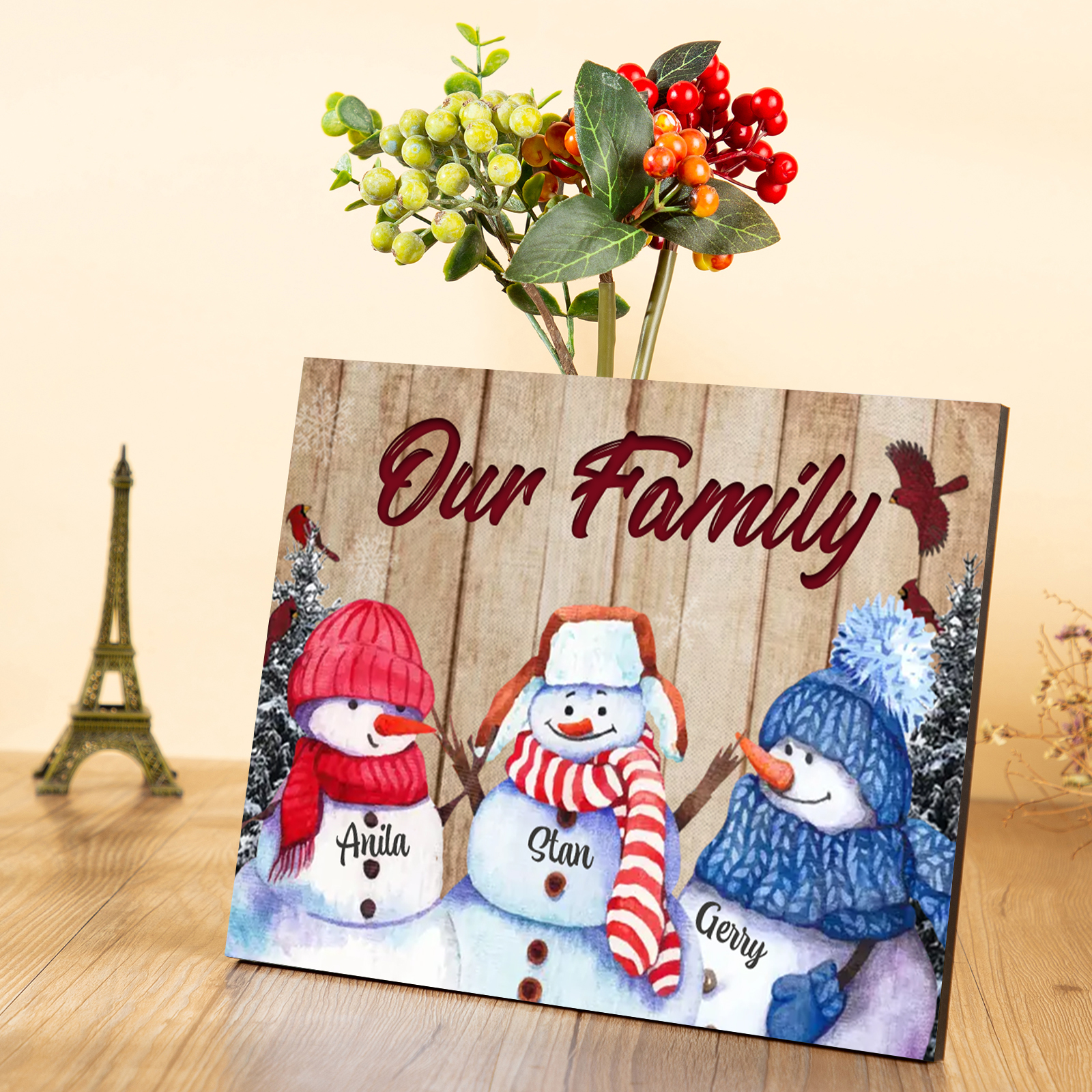 Personalised Snowman Family Wooden Plaque – Custom 2-8 Names Home Decorations Gift for Family | Jessmade