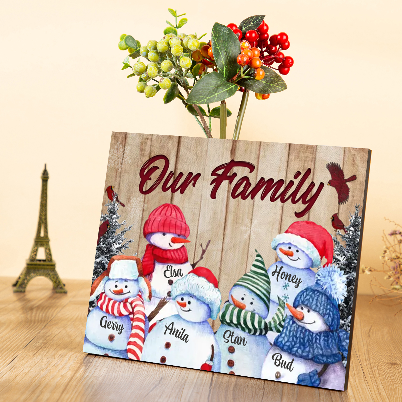 Personalised Snowman Family Wooden Plaque – Custom 2-8 Names Home Decorations Gift for Family | Jessmade