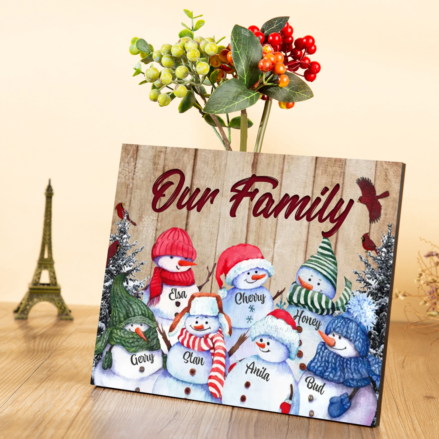 Personalised Snowman Family Wooden Plaque – Custom 2-8 Names Home Decorations Gift for Family | Jessmade