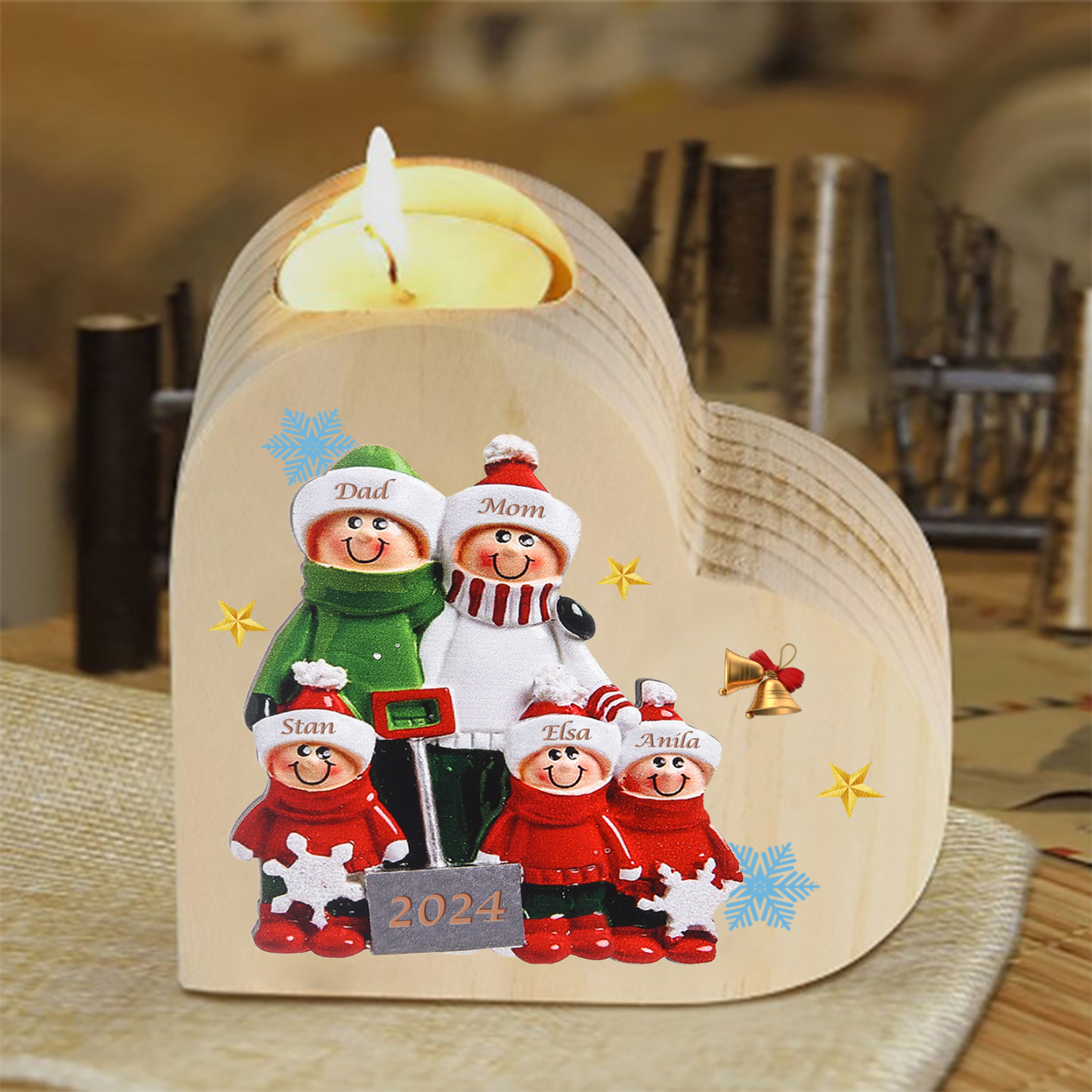 Personalised Family Wooden Candle Holder Custom 2-8 Names & 1 Year Home Decoration Christmas Gift for Family | Jessemade
