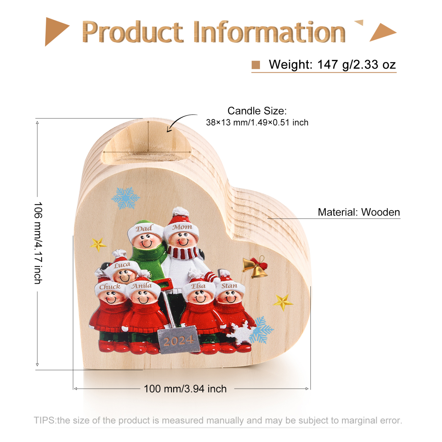 Personalised Family Wooden Candle Holder Custom 2-8 Names & 1 Year Home Decoration Christmas Gift for Family | Jessemade