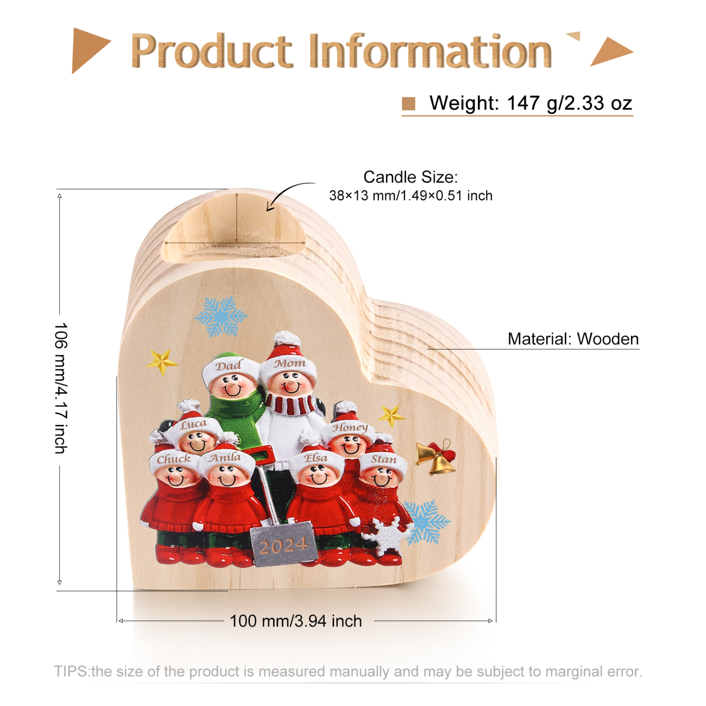 Personalised Family Wooden Candle Holder Custom 2-8 Names & 1 Year Home Decoration Christmas Gift for Family | Jessemade