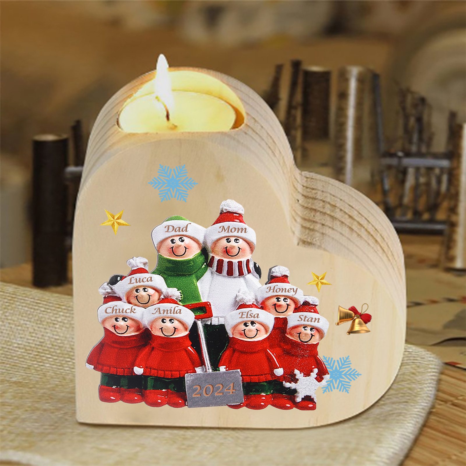 Personalised Family Wooden Candle Holder Custom 2-8 Names & 1 Year Home Decoration Christmas Gift for Family | Jessemade
