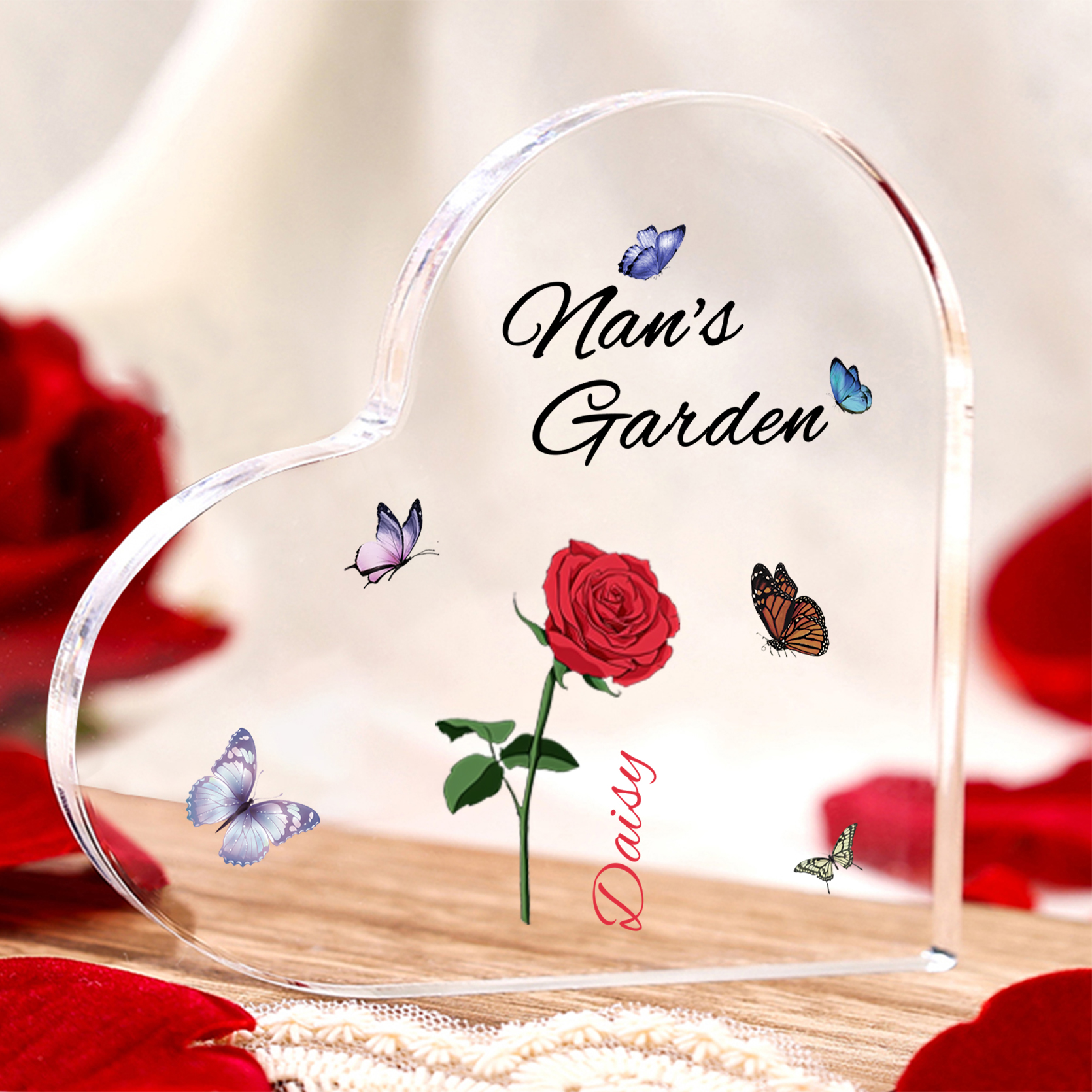 Personalised Heart-Shaped Acrylic Keepsake – Custom 1 Name & Birthflower Home Decorations Gift for Nan | Jessmade