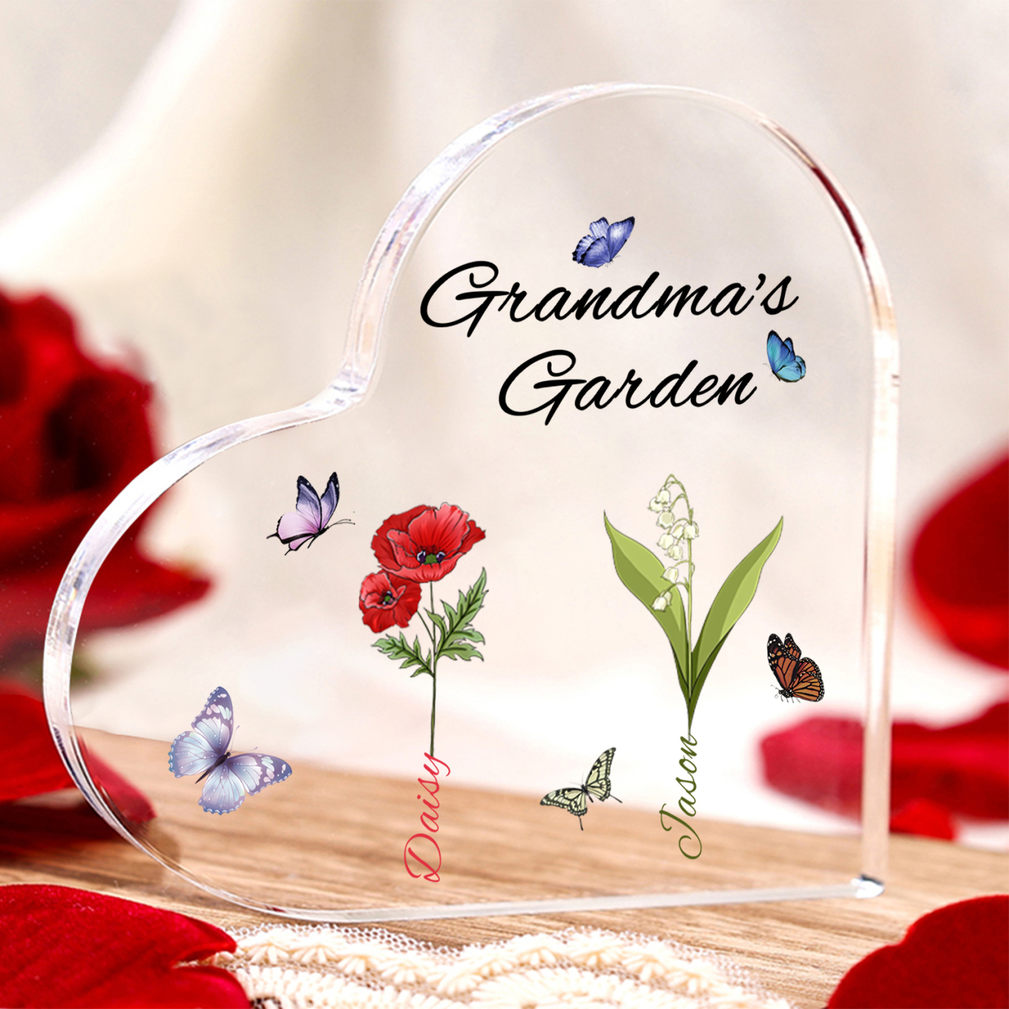 Personalized Heart-Shaped Acrylic Keepsake - Custom 1-8 Names & Birthflowers Home Decorations Gift for Grandma | Jessmade