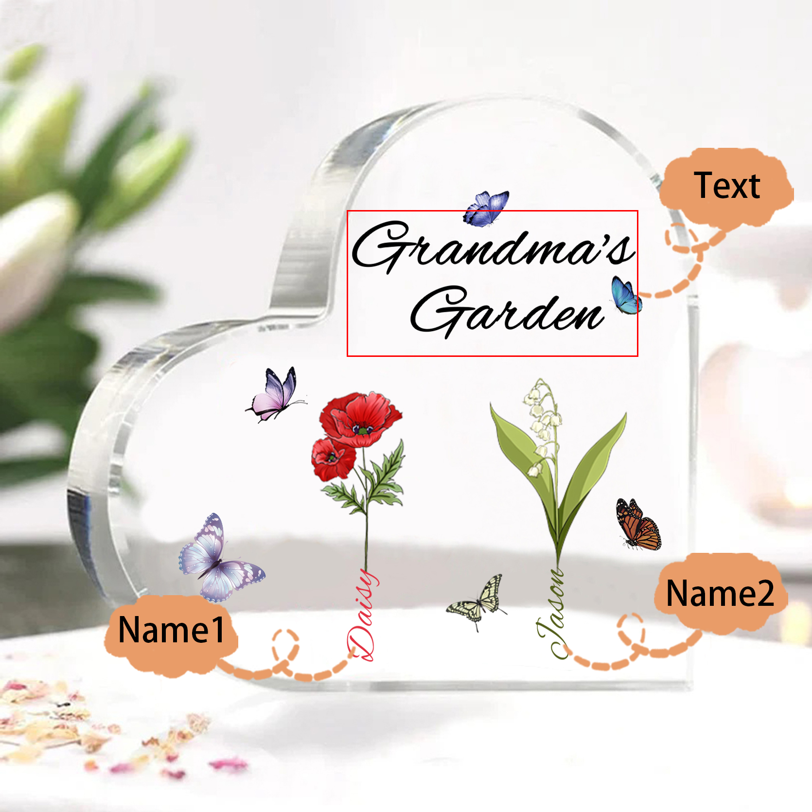 Personalized Heart-Shaped Acrylic Keepsake - Custom 1-8 Names & Birthflowers Home Decorations Gift for Grandma | Jessmade