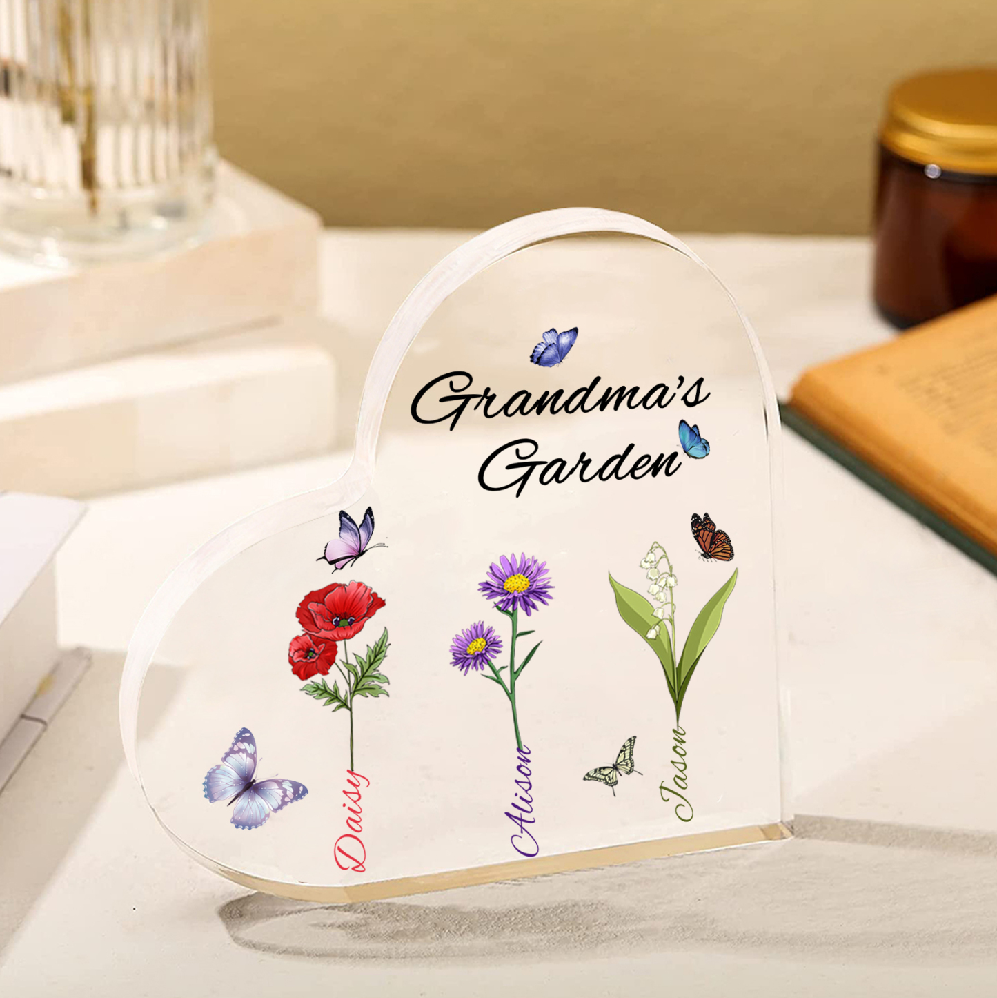 Personalized Heart-Shaped Acrylic Keepsake - Custom 1-8 Names & Birthflowers Home Decorations Gift for Grandma | Jessmade