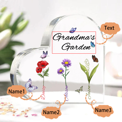 Personalized Heart-Shaped Acrylic Keepsake - Custom 1-8 Names & Birthflowers Home Decorations Gift for Grandma | Jessmade