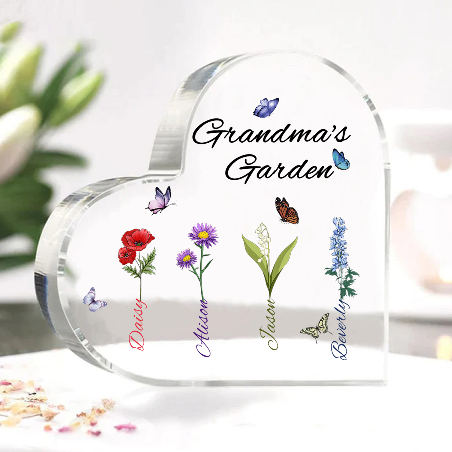 Personalized Heart-Shaped Acrylic Keepsake - Custom 1-8 Names & Birthflowers Home Decorations Gift for Grandma | Jessmade