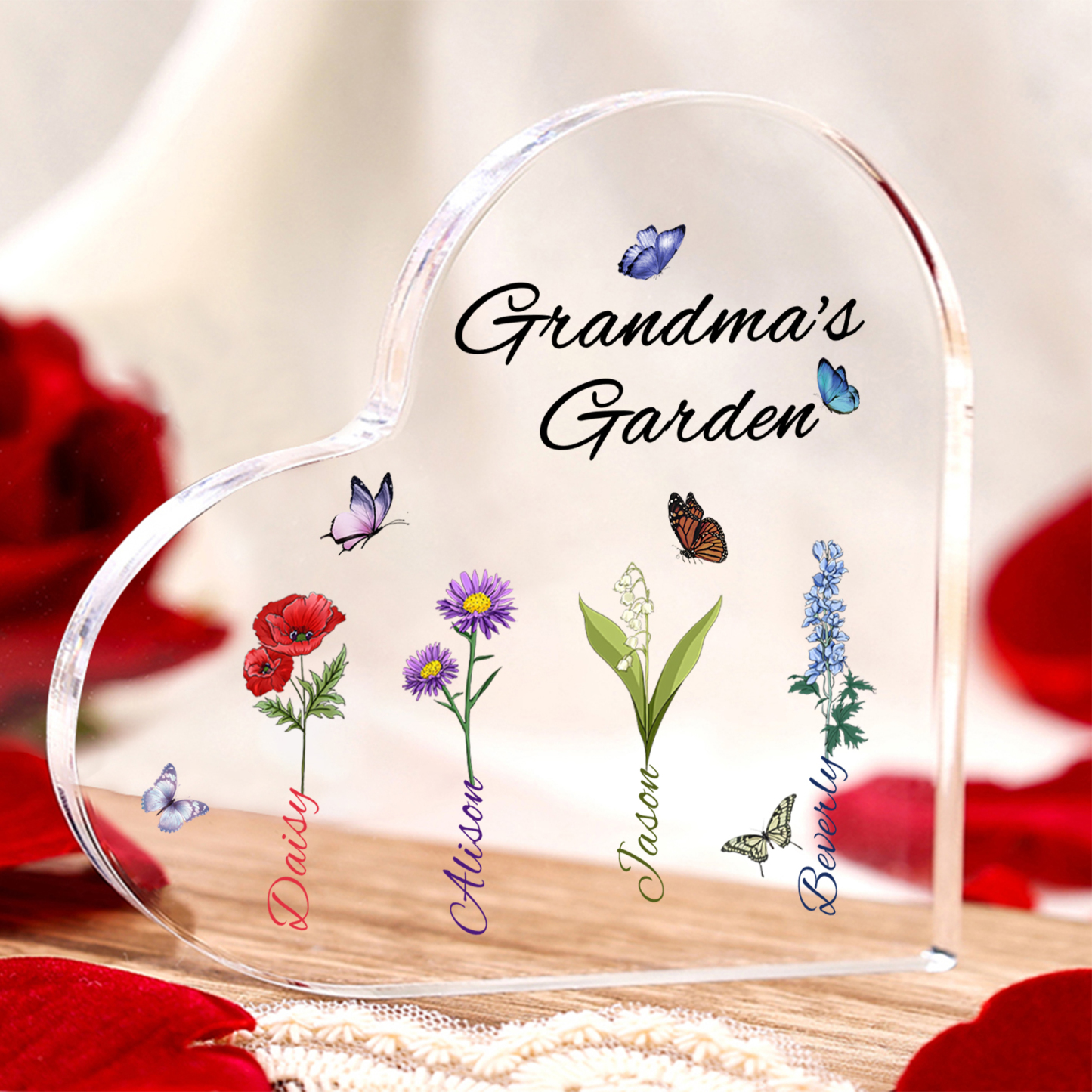 Personalized Heart-Shaped Acrylic Keepsake - Custom 1-8 Names & Birthflowers Home Decorations Gift for Grandma | Jessmade