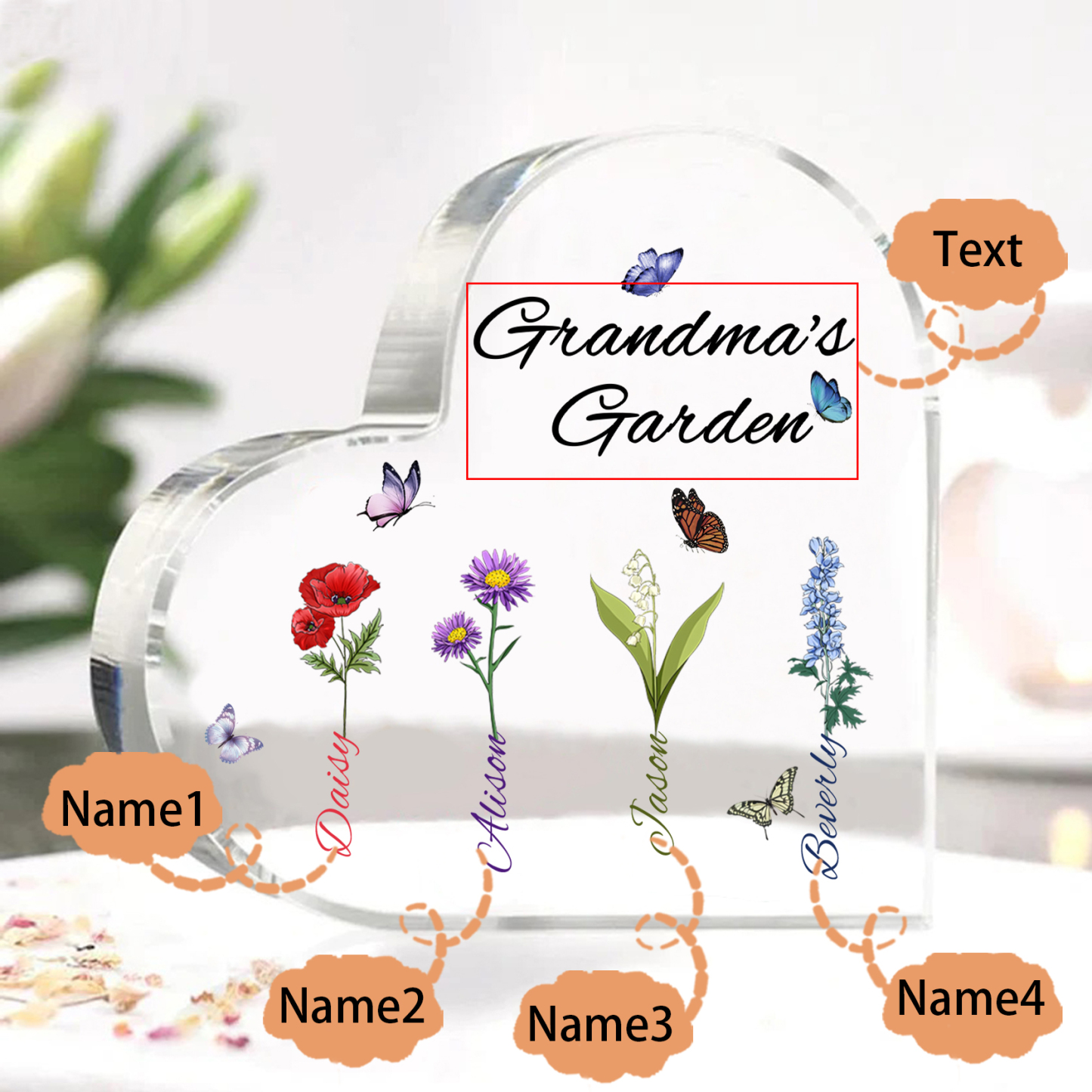 Personalized Heart-Shaped Acrylic Keepsake - Custom 1-8 Names & Birthflowers Home Decorations Gift for Grandma | Jessmade