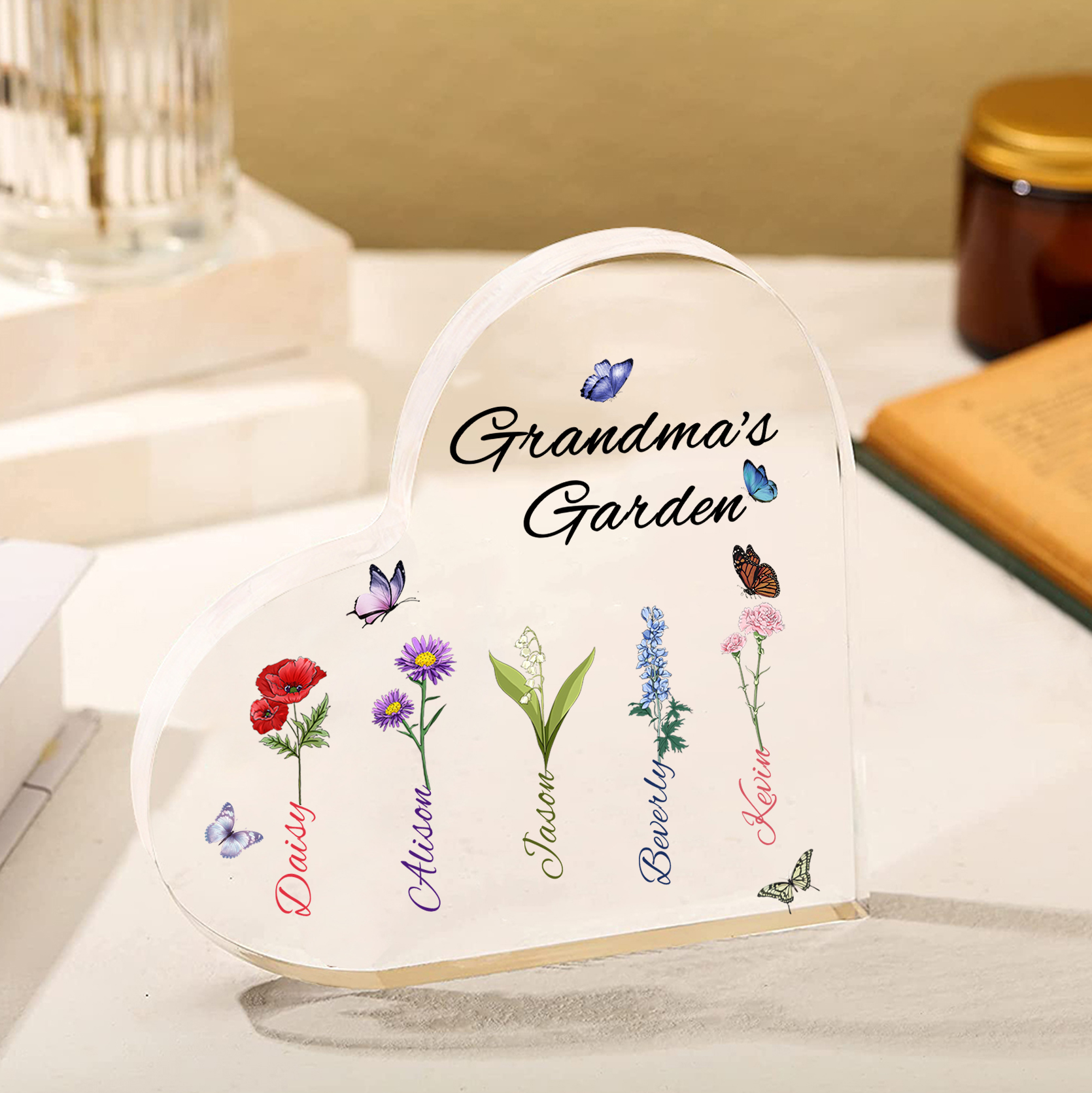 Personalized Heart-Shaped Acrylic Keepsake - Custom 1-8 Names & Birthflowers Home Decorations Gift for Grandma | Jessmade