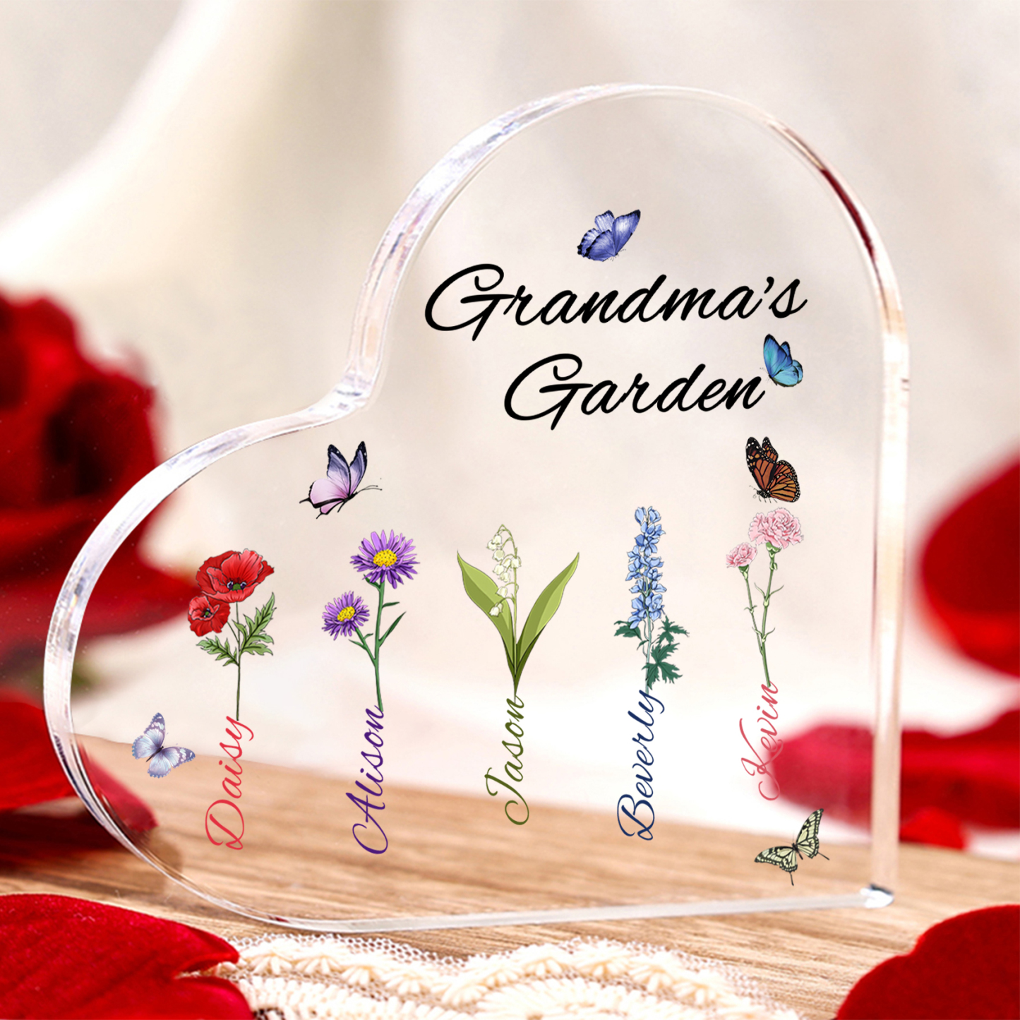 Personalized Heart-Shaped Acrylic Keepsake - Custom 1-8 Names & Birthflowers Home Decorations Gift for Grandma | Jessmade