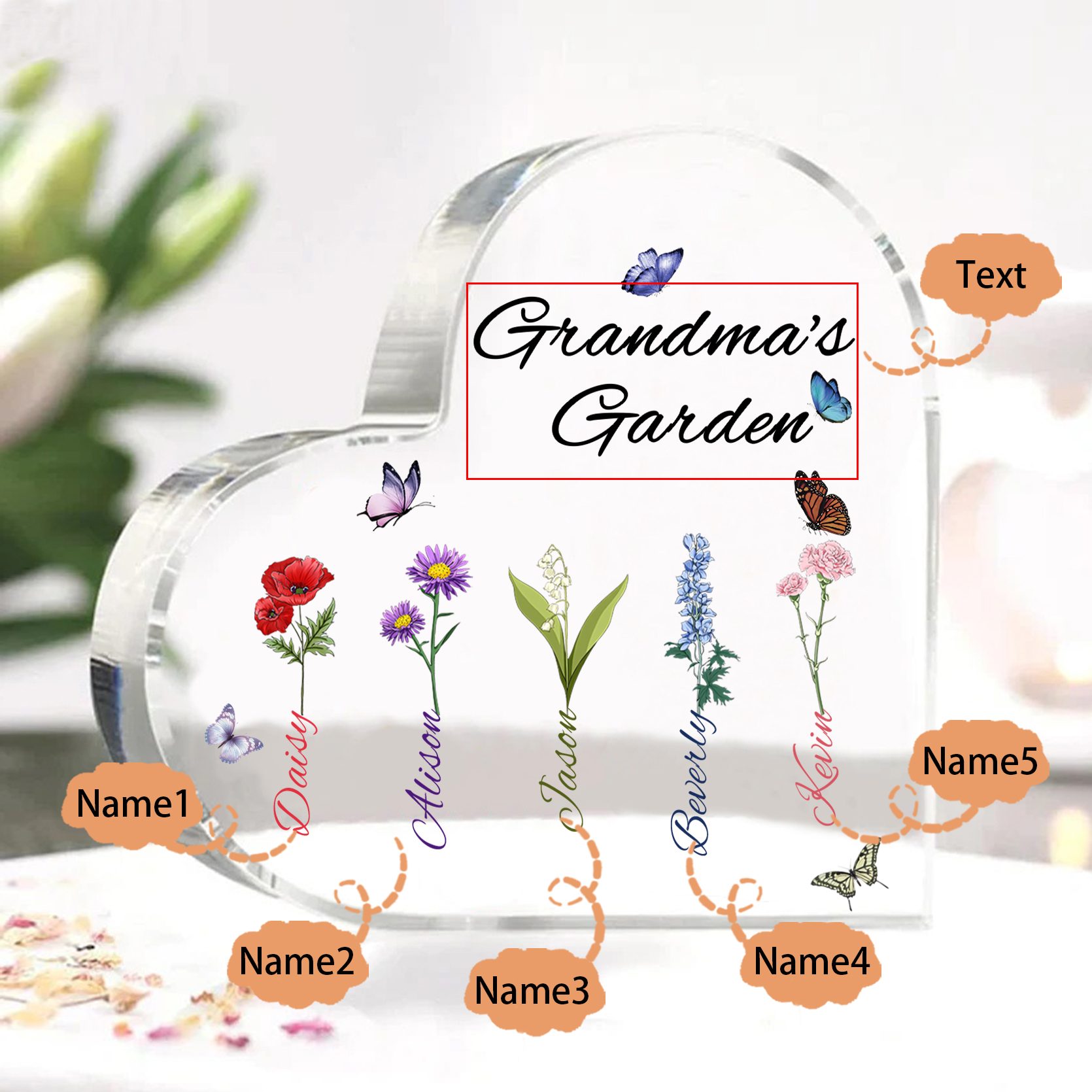 Personalized Heart-Shaped Acrylic Keepsake - Custom 1-8 Names & Birthflowers Home Decorations Gift for Grandma | Jessmade