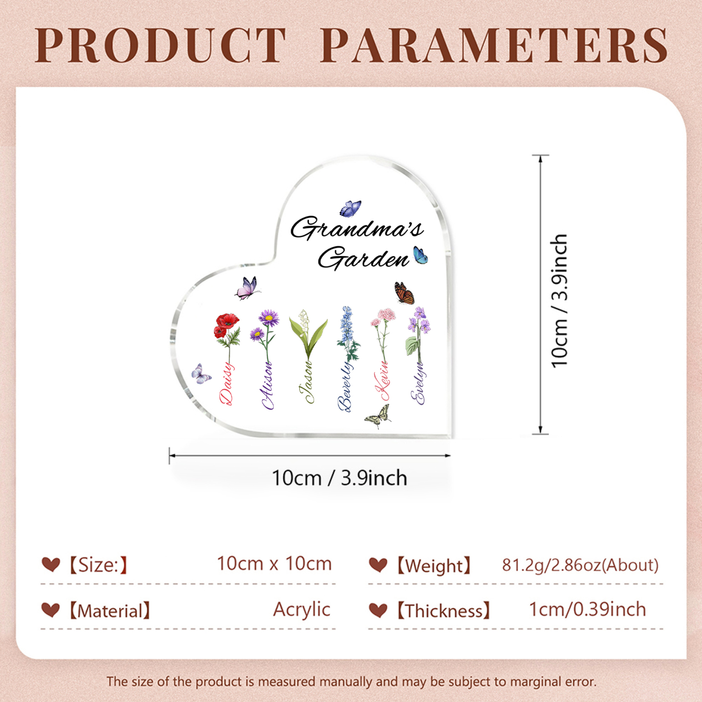 Personalized Heart-Shaped Acrylic Keepsake - Custom 1-8 Names & Birthflowers Home Decorations Gift for Grandma | Jessmade