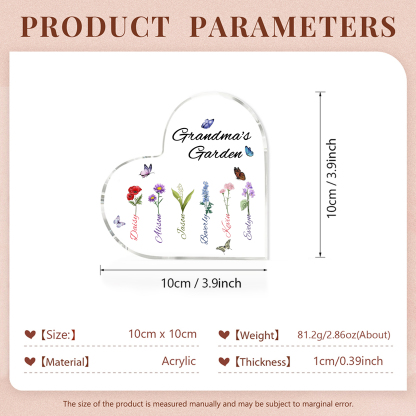 Personalized Heart-Shaped Acrylic Keepsake - Custom 1-8 Names & Birthflowers Home Decorations Gift for Grandma | Jessmade