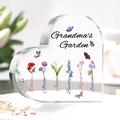 Personalized Heart-Shaped Acrylic Keepsake - Custom 1-8 Names & Birthflowers Home Decorations Gift for Grandma | Jessmade