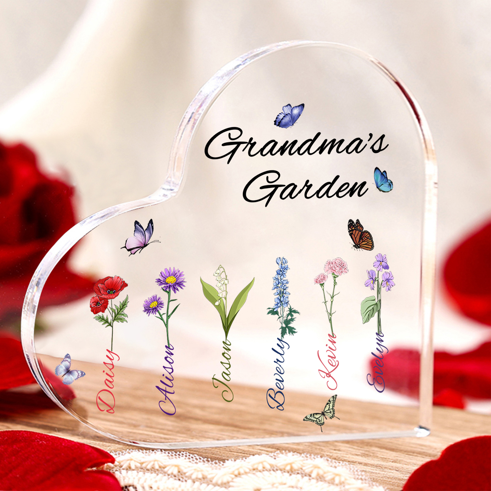 Personalized Heart-Shaped Acrylic Keepsake - Custom 1-8 Names & Birthflowers Home Decorations Gift for Grandma | Jessmade