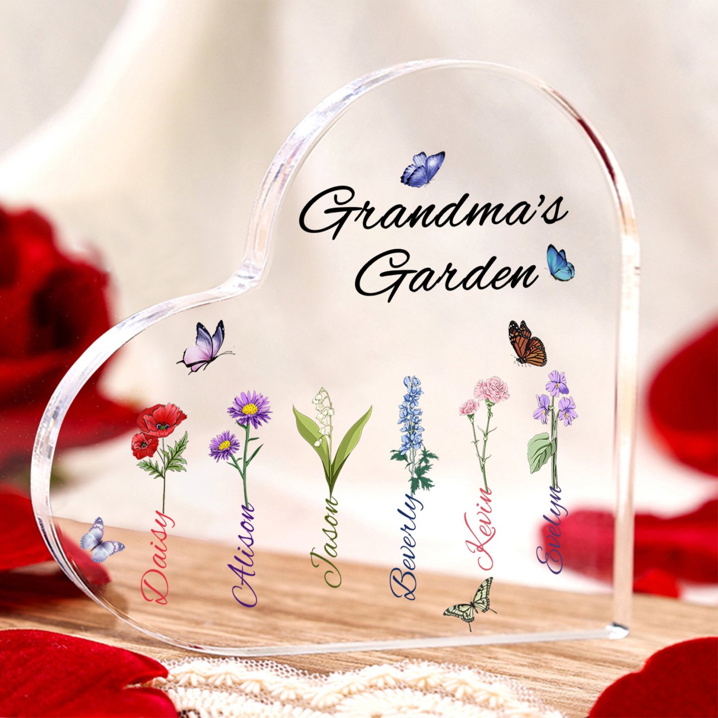 Personalized Heart-Shaped Acrylic Keepsake - Custom 1-8 Names & Birthflowers Home Decorations Gift for Grandma | Jessmade