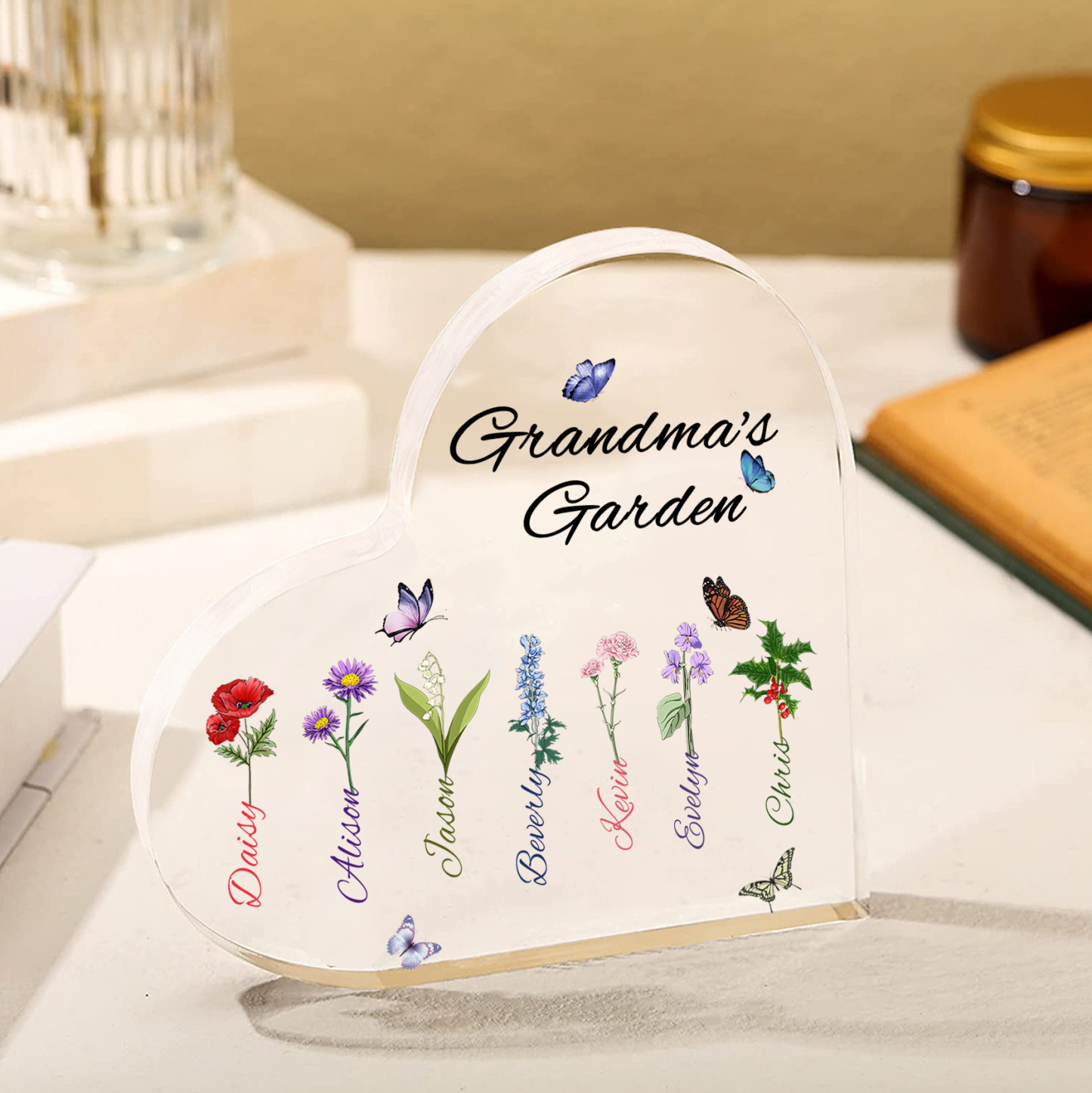 Personalized Heart-Shaped Acrylic Keepsake - Custom 1-8 Names & Birthflowers Home Decorations Gift for Grandma | Jessmade