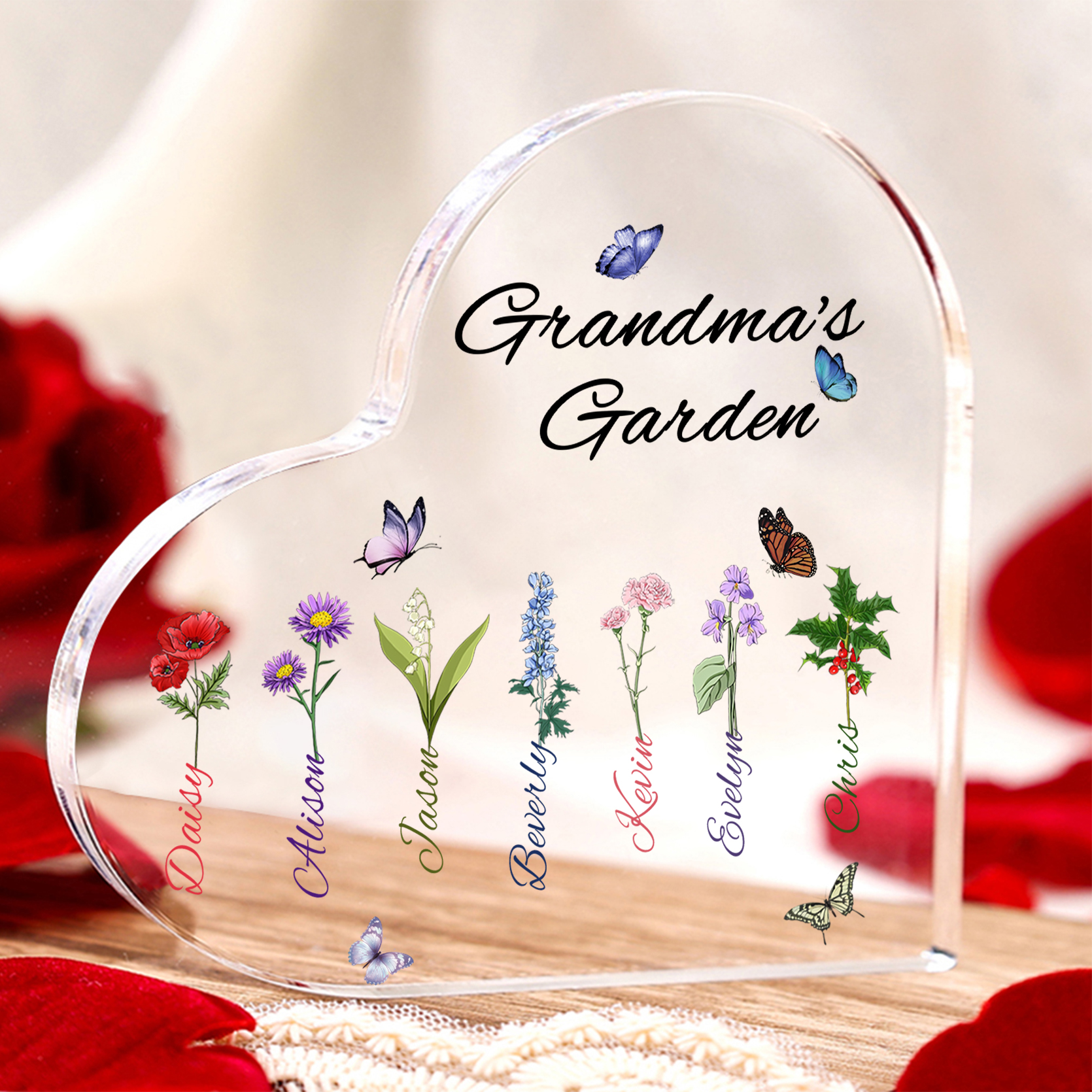 Personalized Heart-Shaped Acrylic Keepsake - Custom 1-8 Names & Birthflowers Home Decorations Gift for Grandma | Jessmade