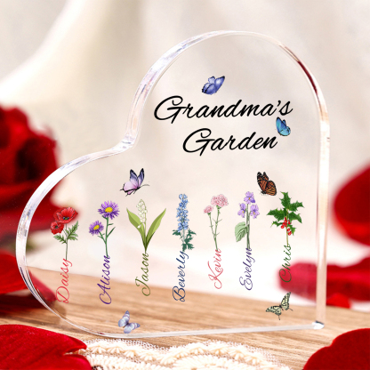 Personalized Heart-Shaped Acrylic Keepsake - Custom 1-8 Names & Birthflowers Home Decorations Gift for Grandma | Jessmade