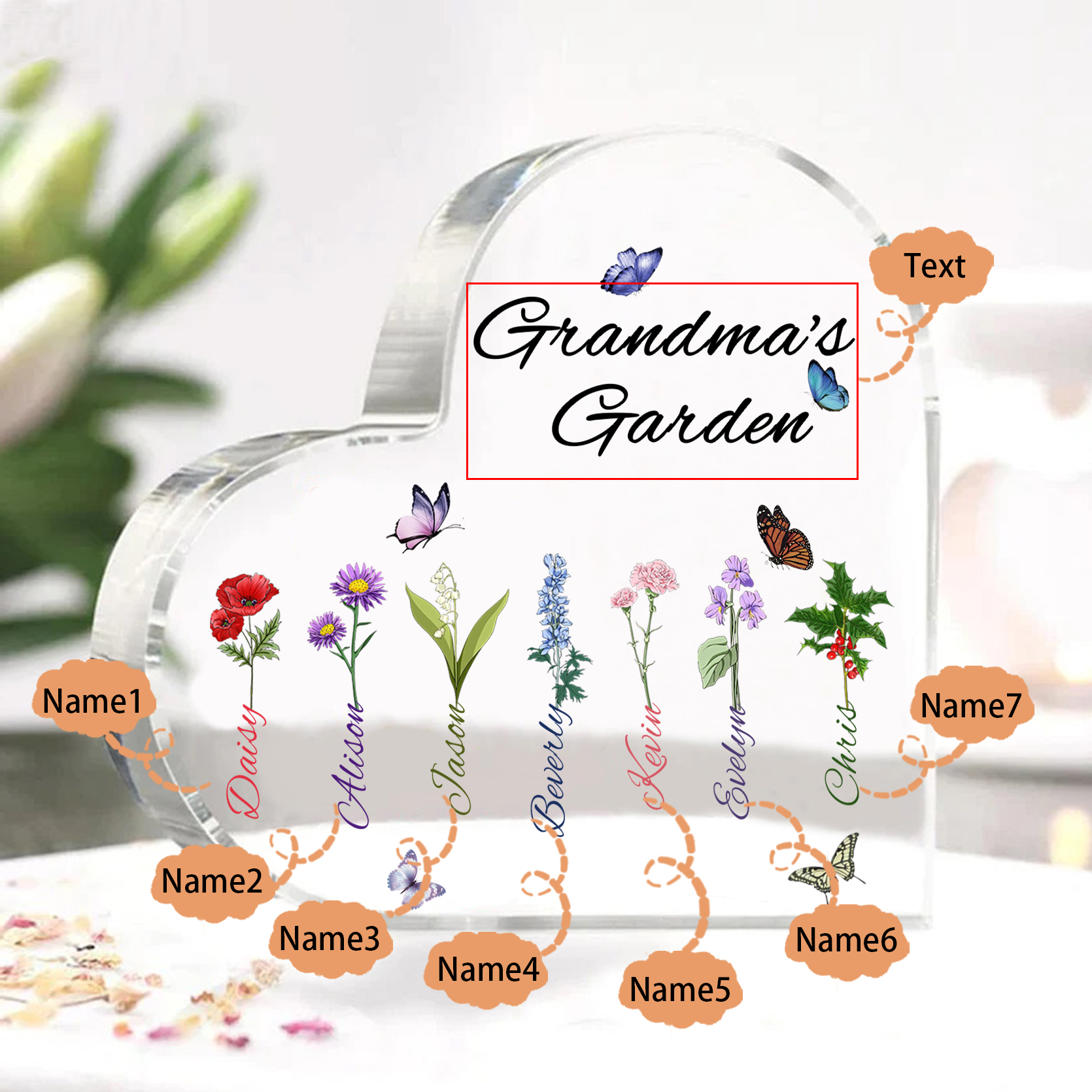 Personalized Heart-Shaped Acrylic Keepsake - Custom 1-8 Names & Birthflowers Home Decorations Gift for Grandma | Jessmade
