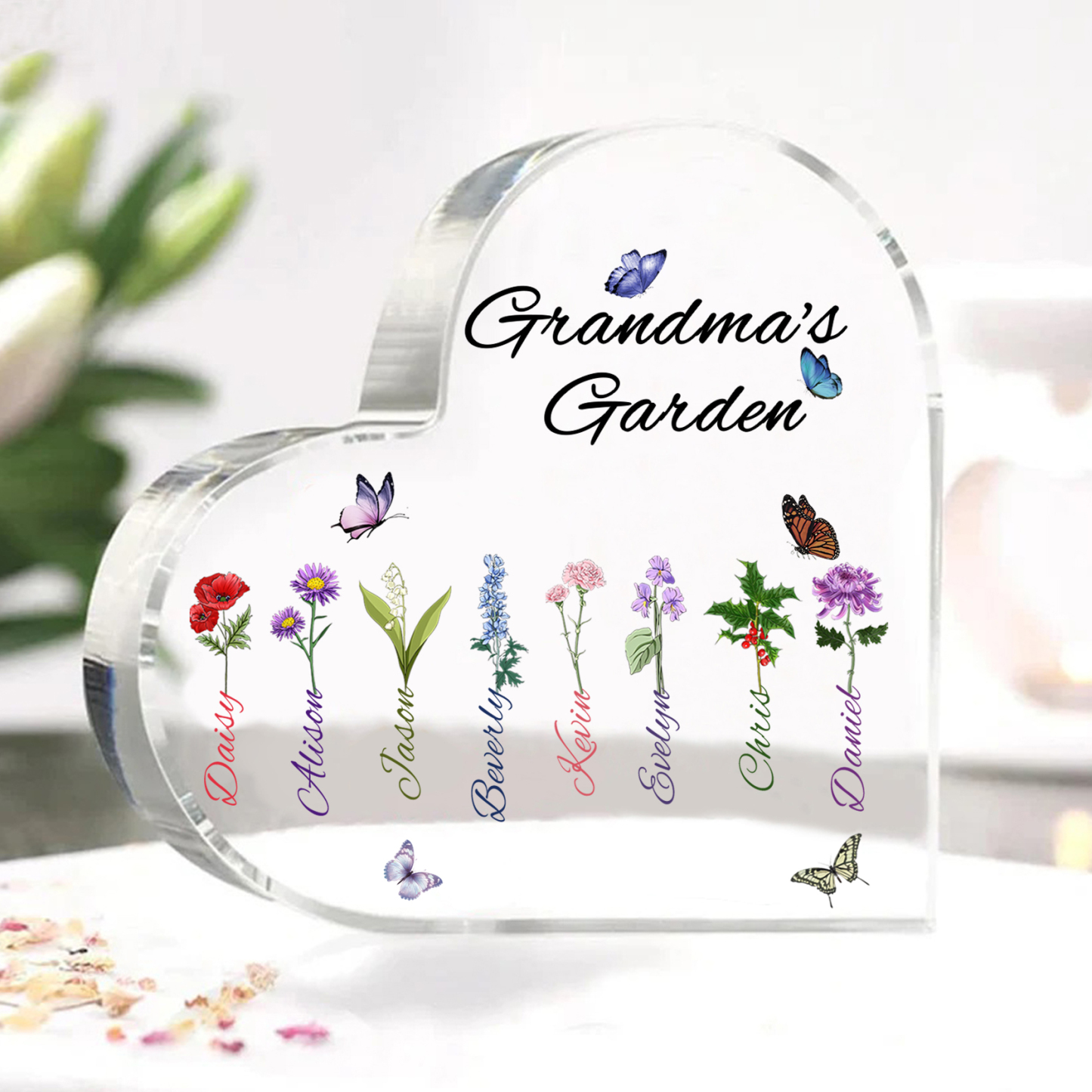 Personalized Heart-Shaped Acrylic Keepsake - Custom 1-8 Names & Birthflowers Home Decorations Gift for Grandma | Jessmade