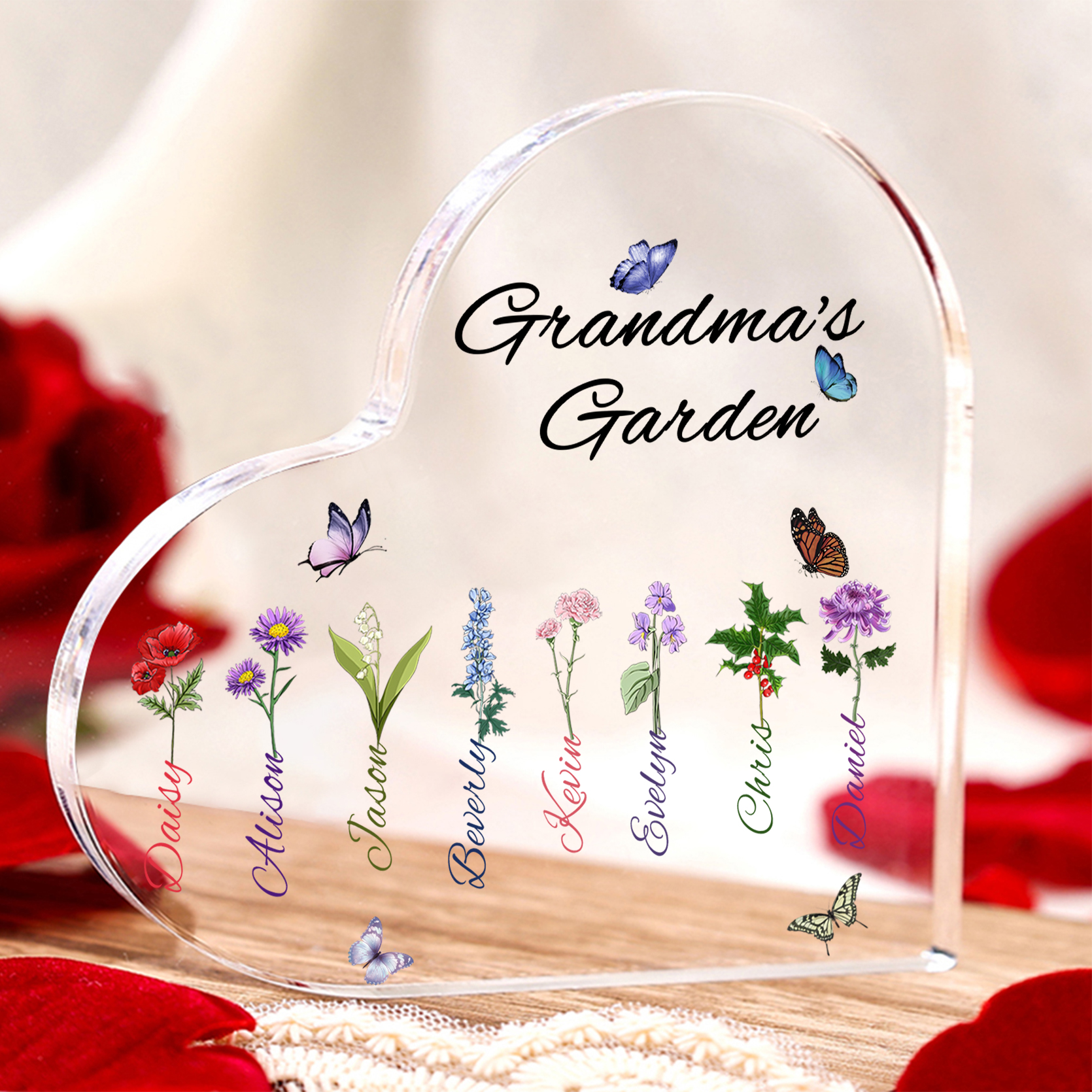 Personalized Heart-Shaped Acrylic Keepsake - Custom 1-8 Names & Birthflowers Home Decorations Gift for Grandma | Jessmade