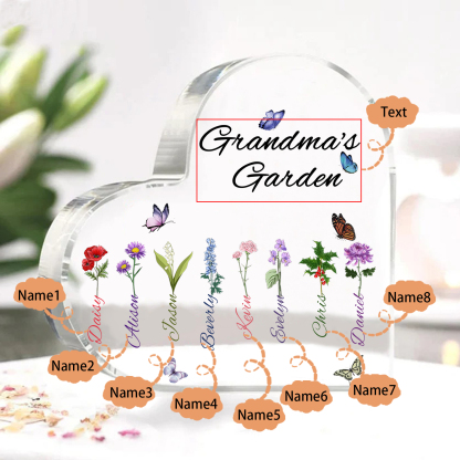 Personalized Heart-Shaped Acrylic Keepsake - Custom 1-8 Names & Birthflowers Home Decorations Gift for Grandma | Jessmade